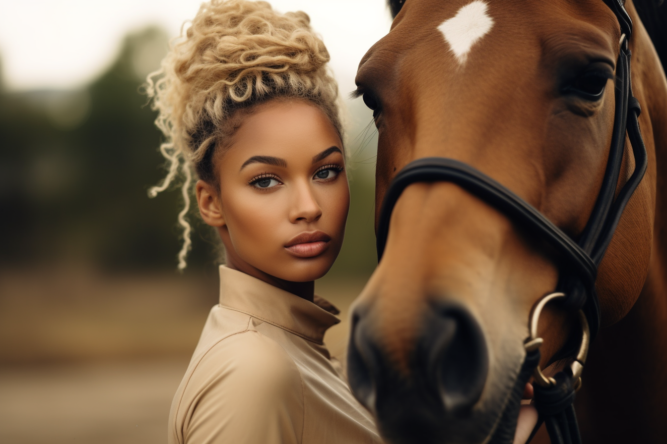 black african american equestrian loving on her horse