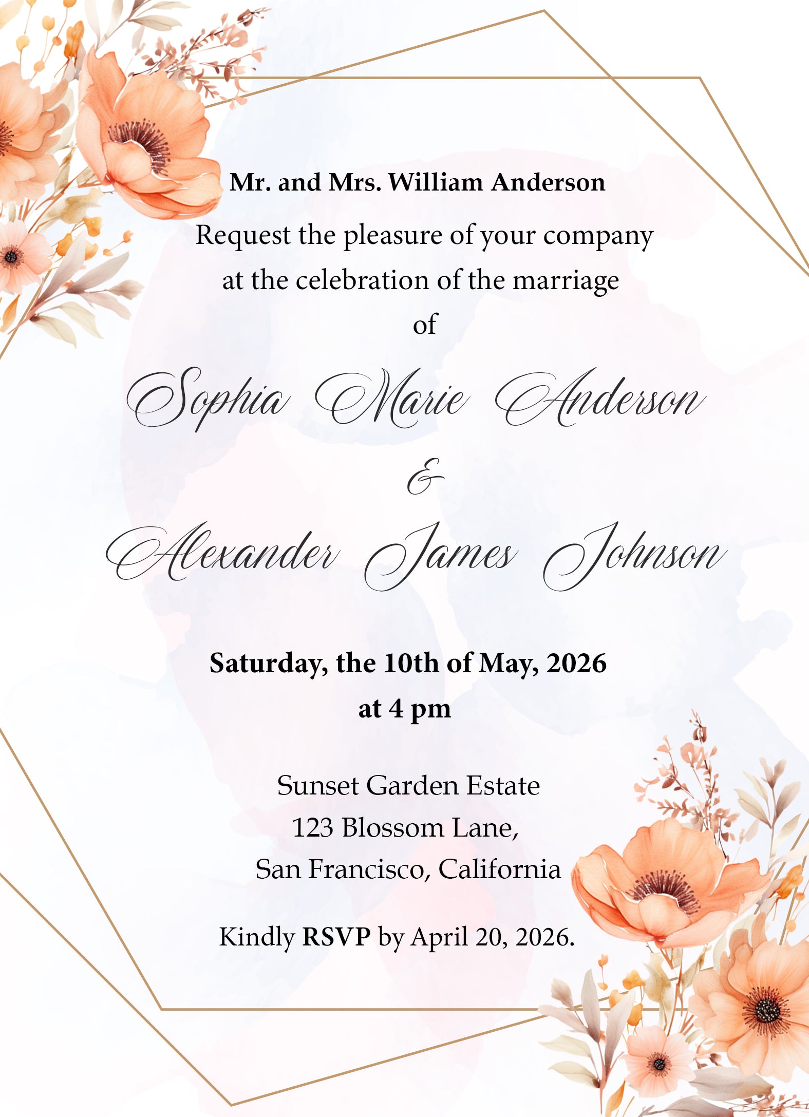 Peach Floral Geometric Wedding Invitation Template - Editable Digital Download