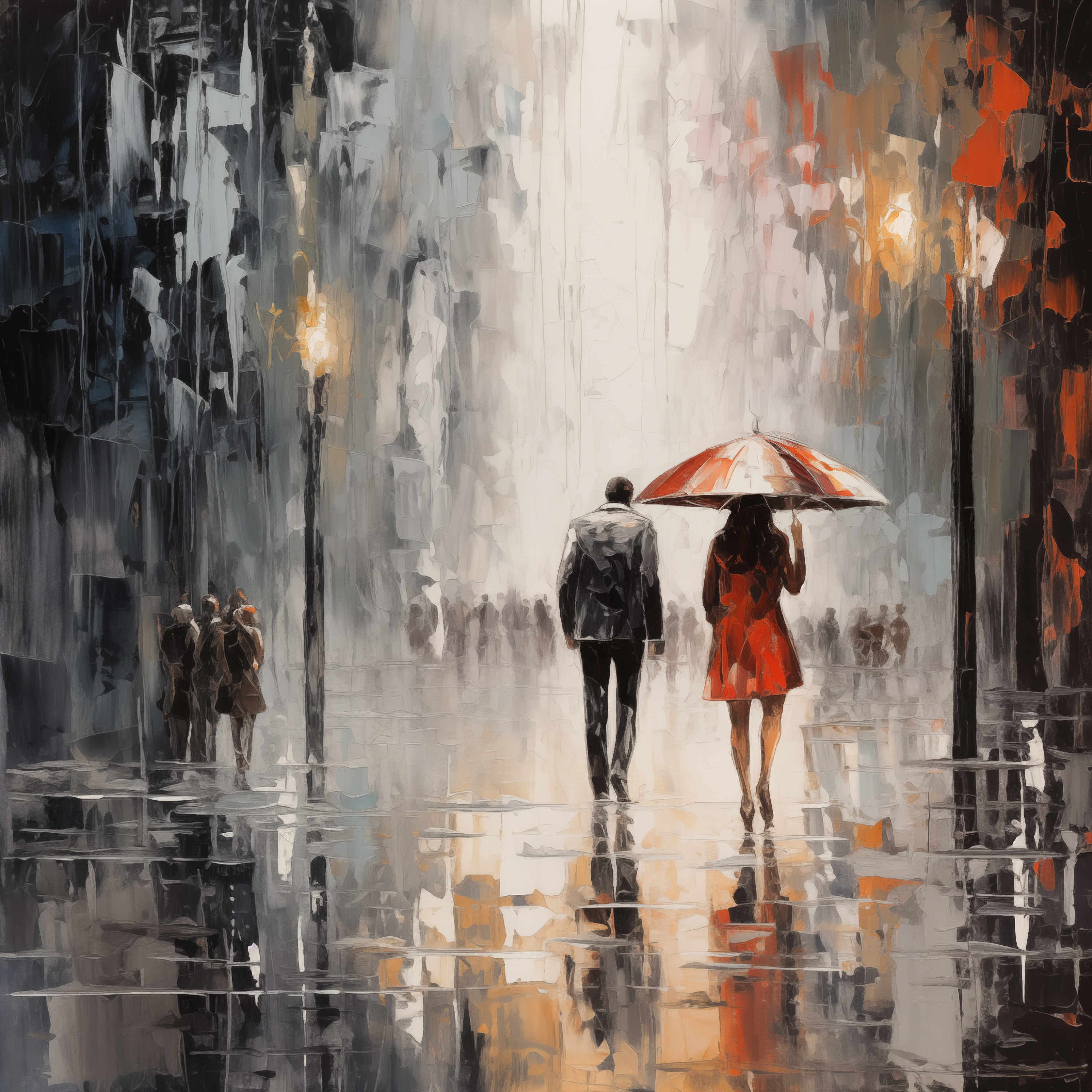 Romantic Rainy Cityscape with Couple Under Umbrella - Abstract Urban Art - Digital Download