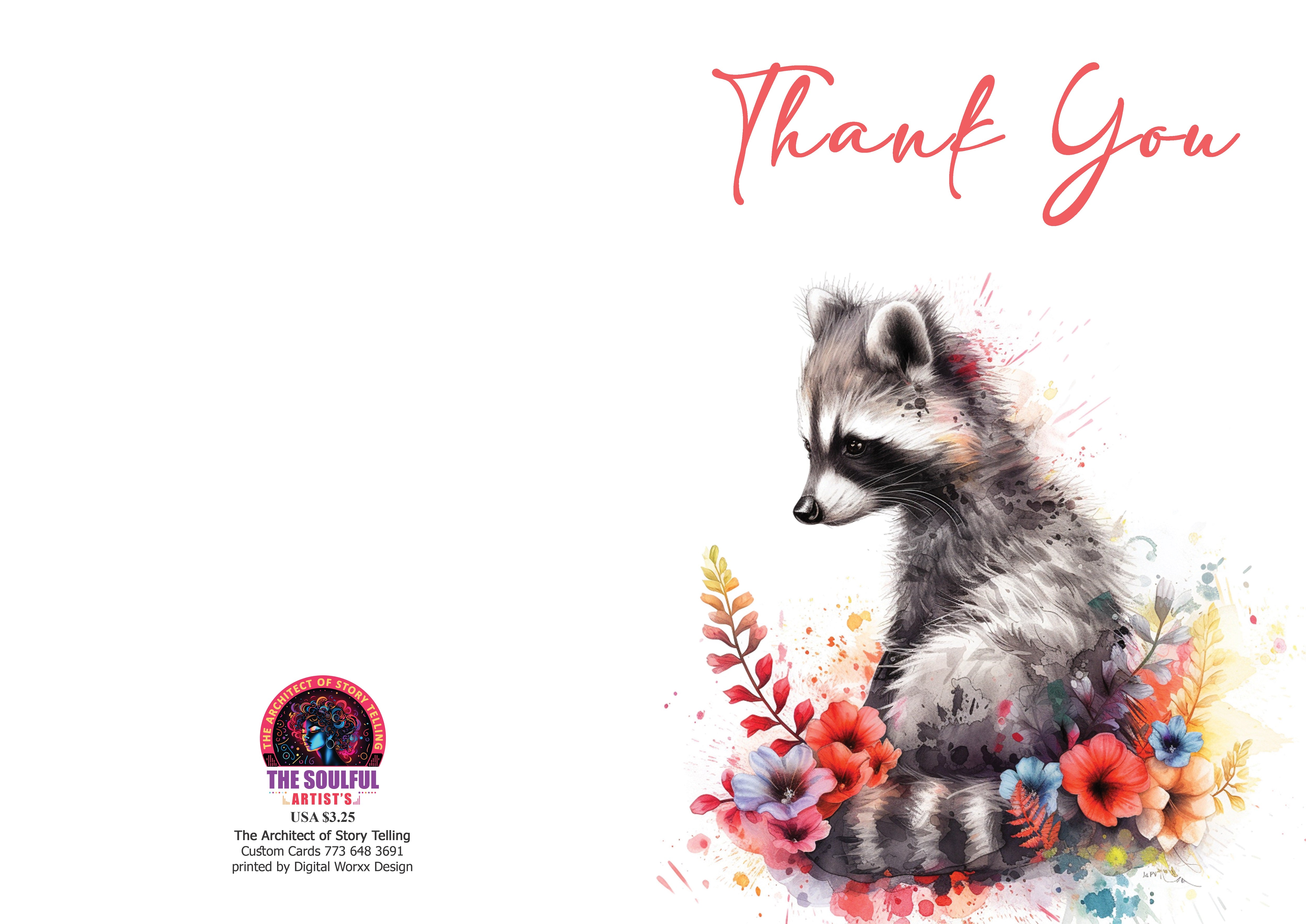 Watercolor Raccoon Thank You Cards - Digital Printable Set