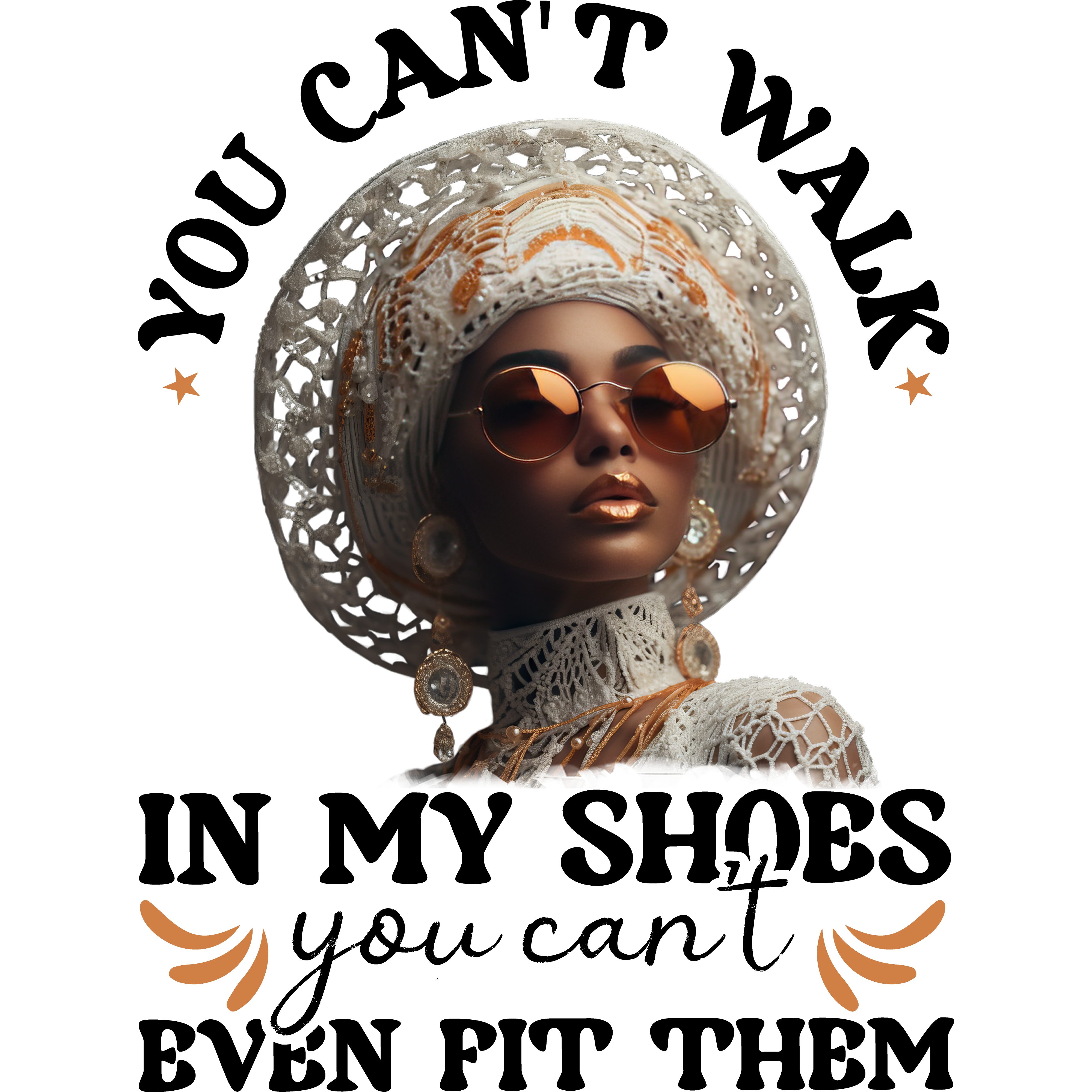 A high-resolution image featuring a regal figure adorned in a stunning lace hat, wearing sunglasses and ornate accessories.