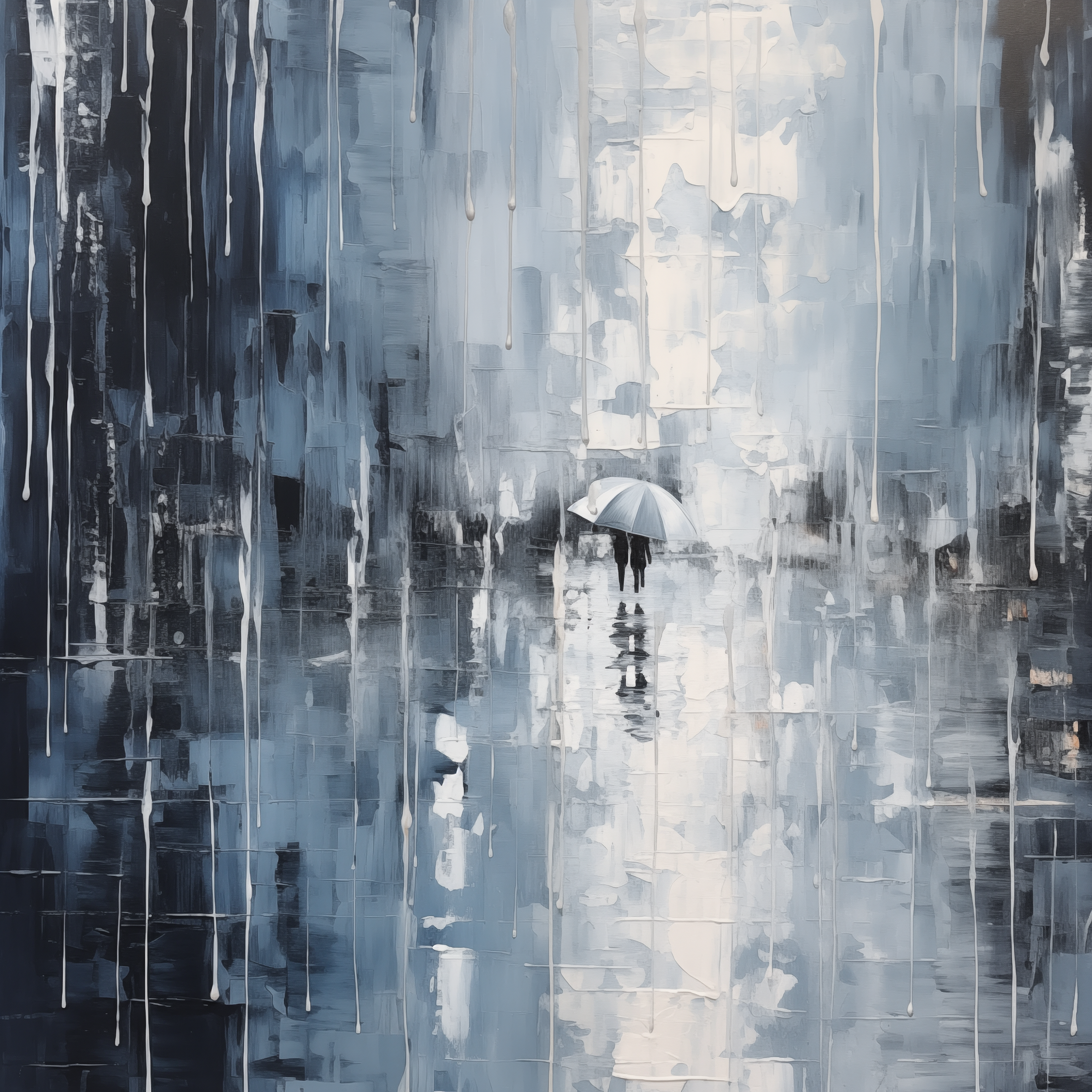 Blue and Gray Rainy Cityscape with Umbrella Couple - Abstract Reflections - Digital Download