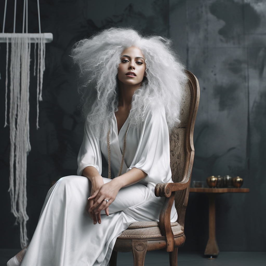 beautiful white woman with long silver afro