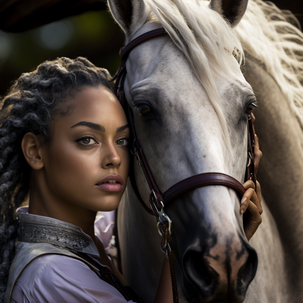 close up realsitic handsome african american Girl with hourse - The Soulful Artists
