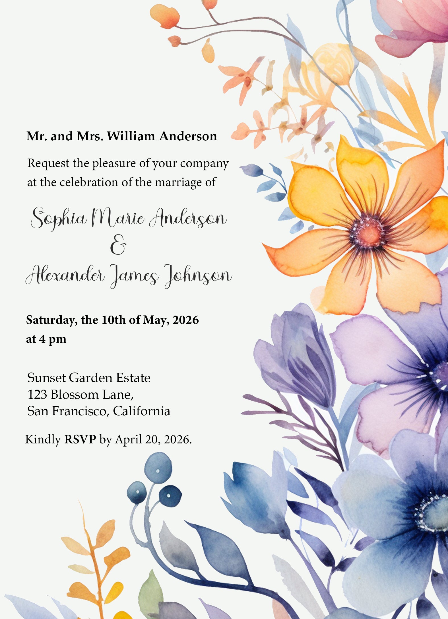 Vibrant Watercolor Floral Wedding Invitation Template - Editable Digital Download