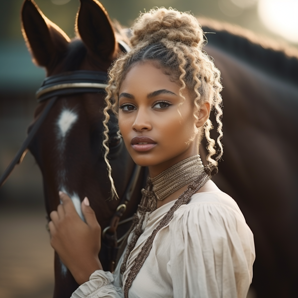 black african american equestrian loving on her horse