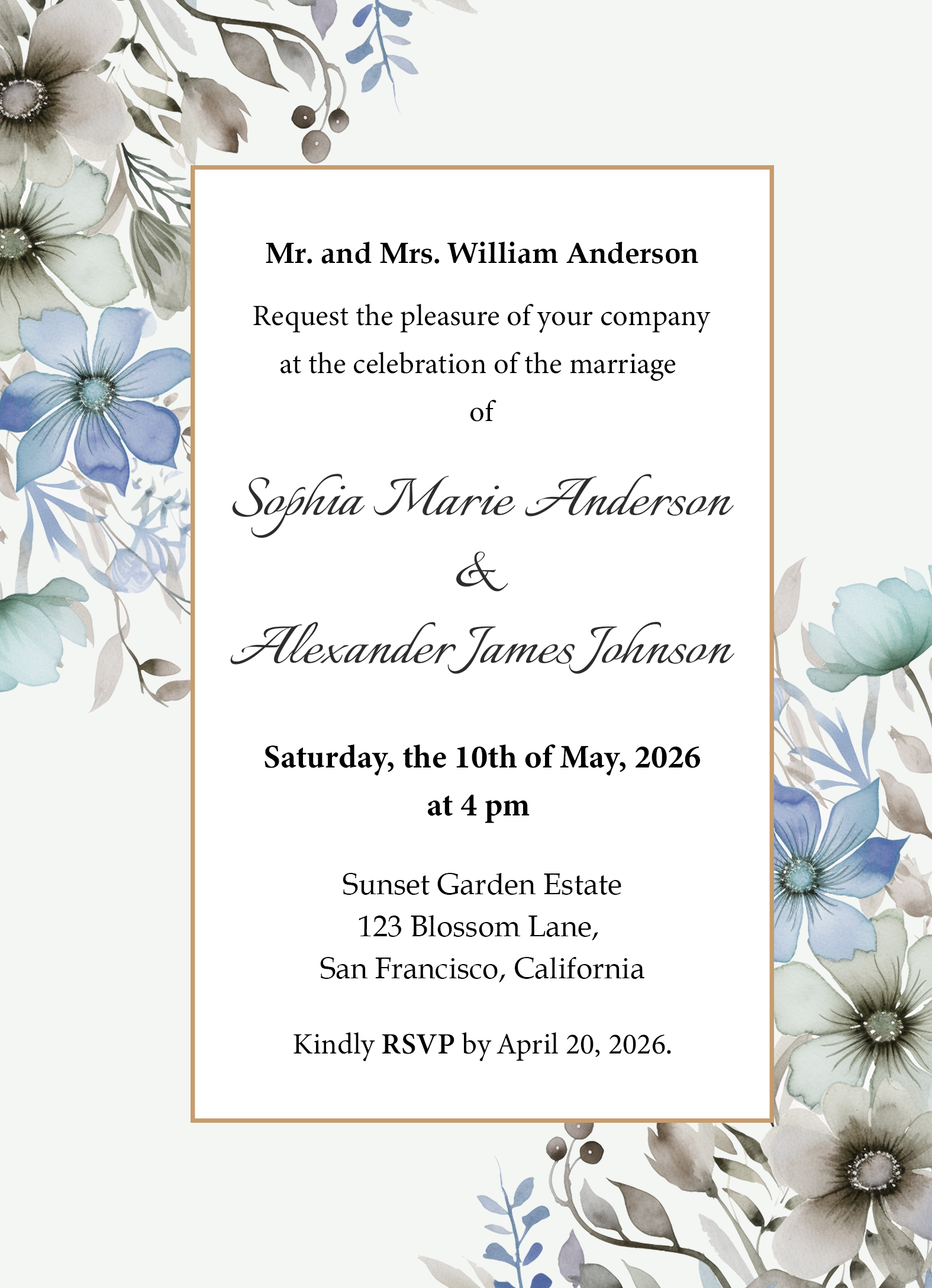 Vintage Blue & Green Floral Wedding Invitation Template - Editable Digital Download