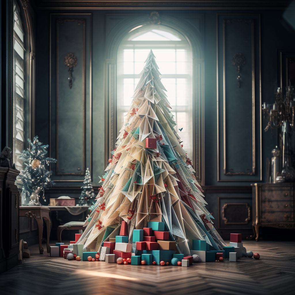 Vintage Elegance Origami Christmas Tree - Digital Art Decor