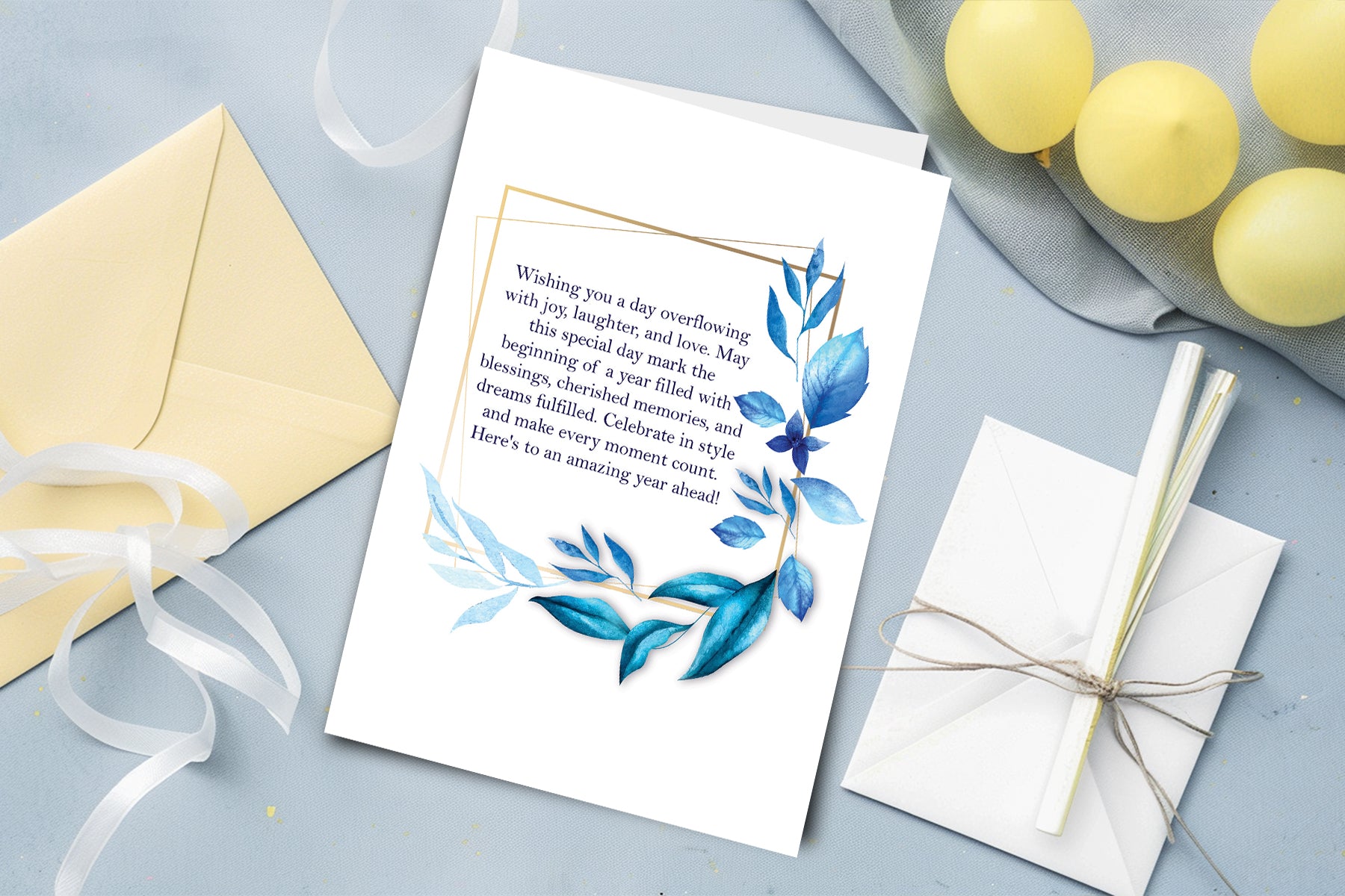 Happy Birthday Blue Leaves – Serene Celebration Card