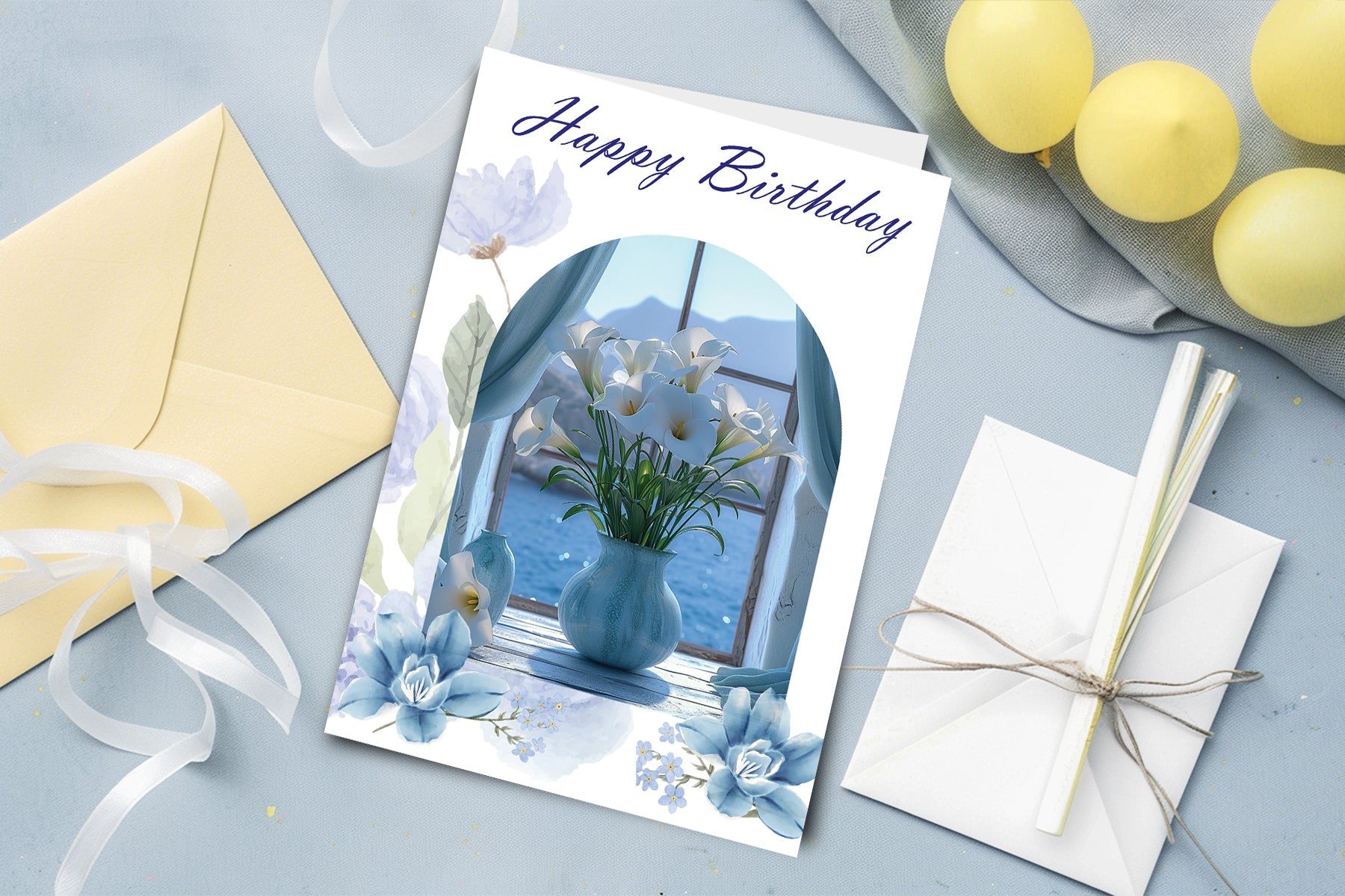 Happy Birthday Blue Leaves – Elegant Nature Card