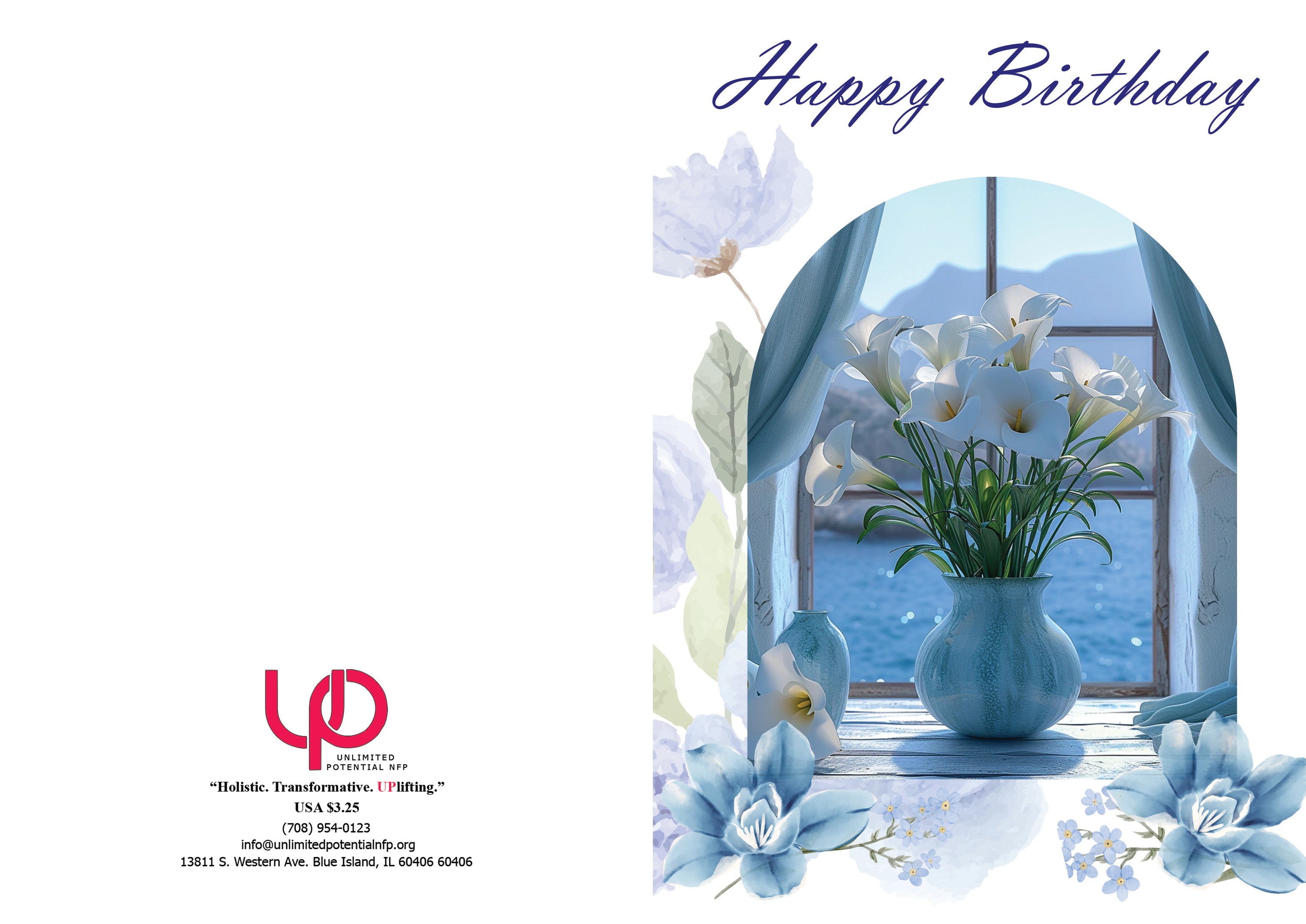 Happy Birthday Blue Leaves – Elegant Nature Card