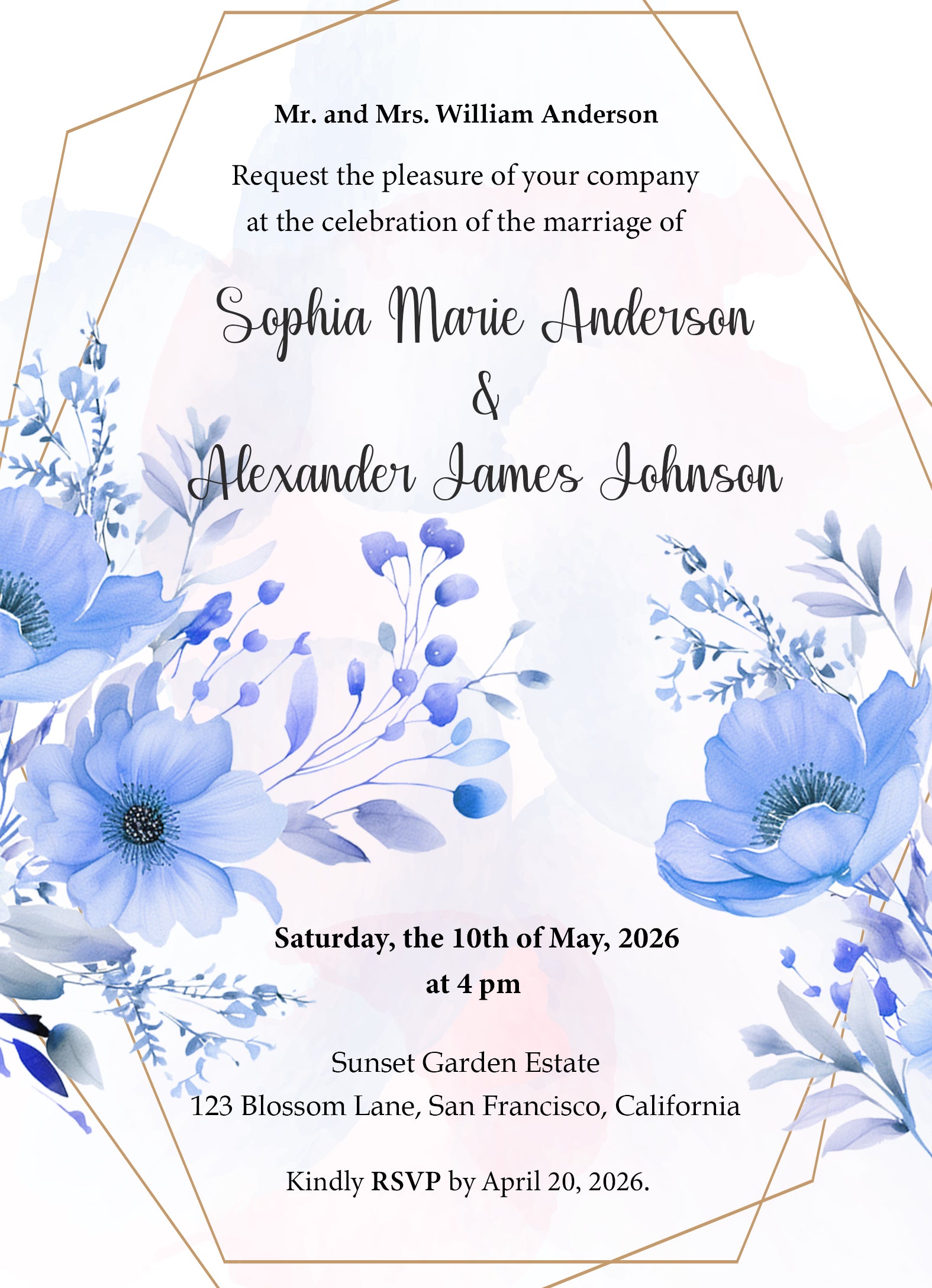 Blue Floral Wedding Invitation Template with Geometric Accents - Editable Digital Download