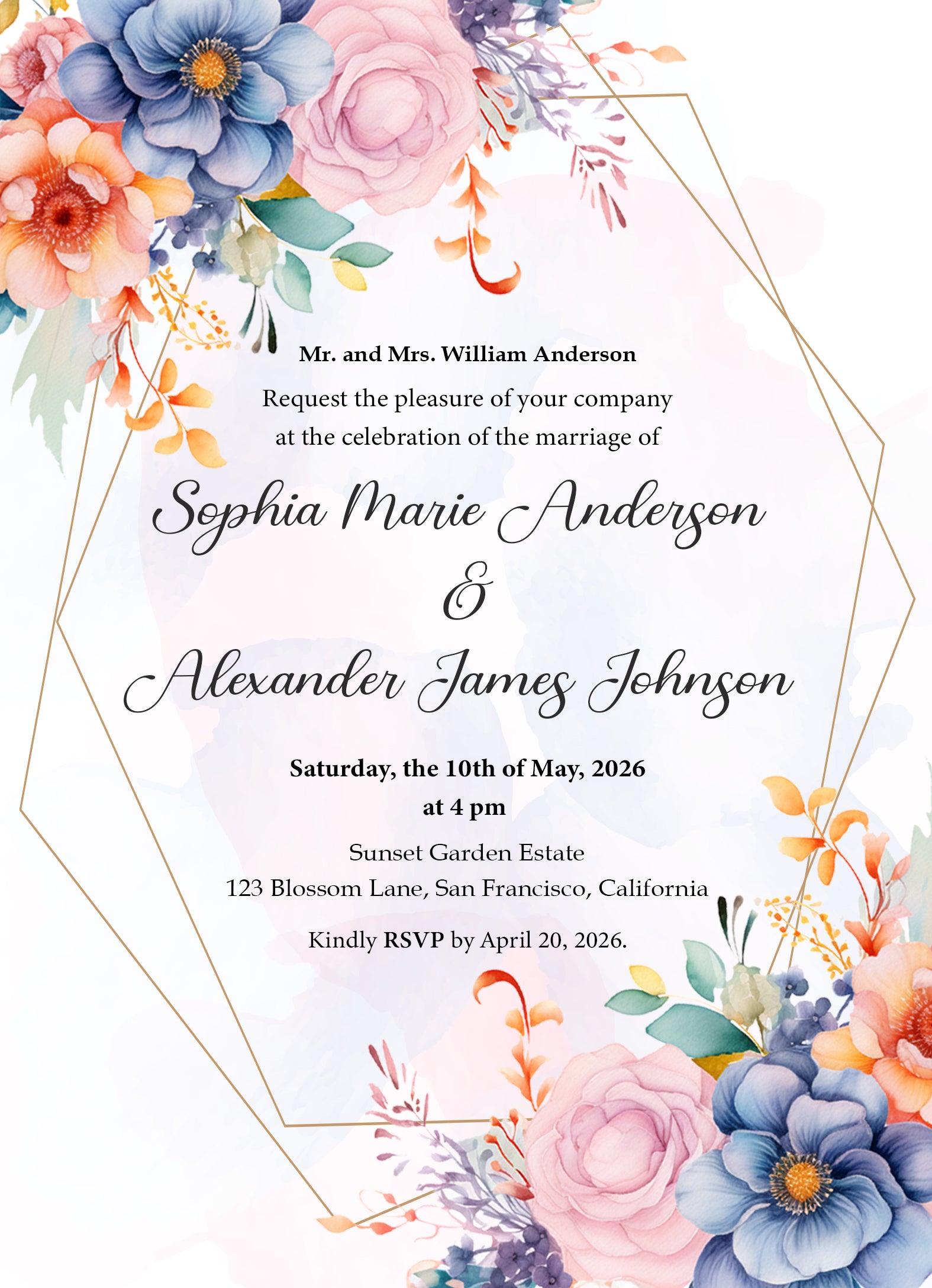 Colorful Watercolor Floral Wedding Invitation Template - Editable Digital Download