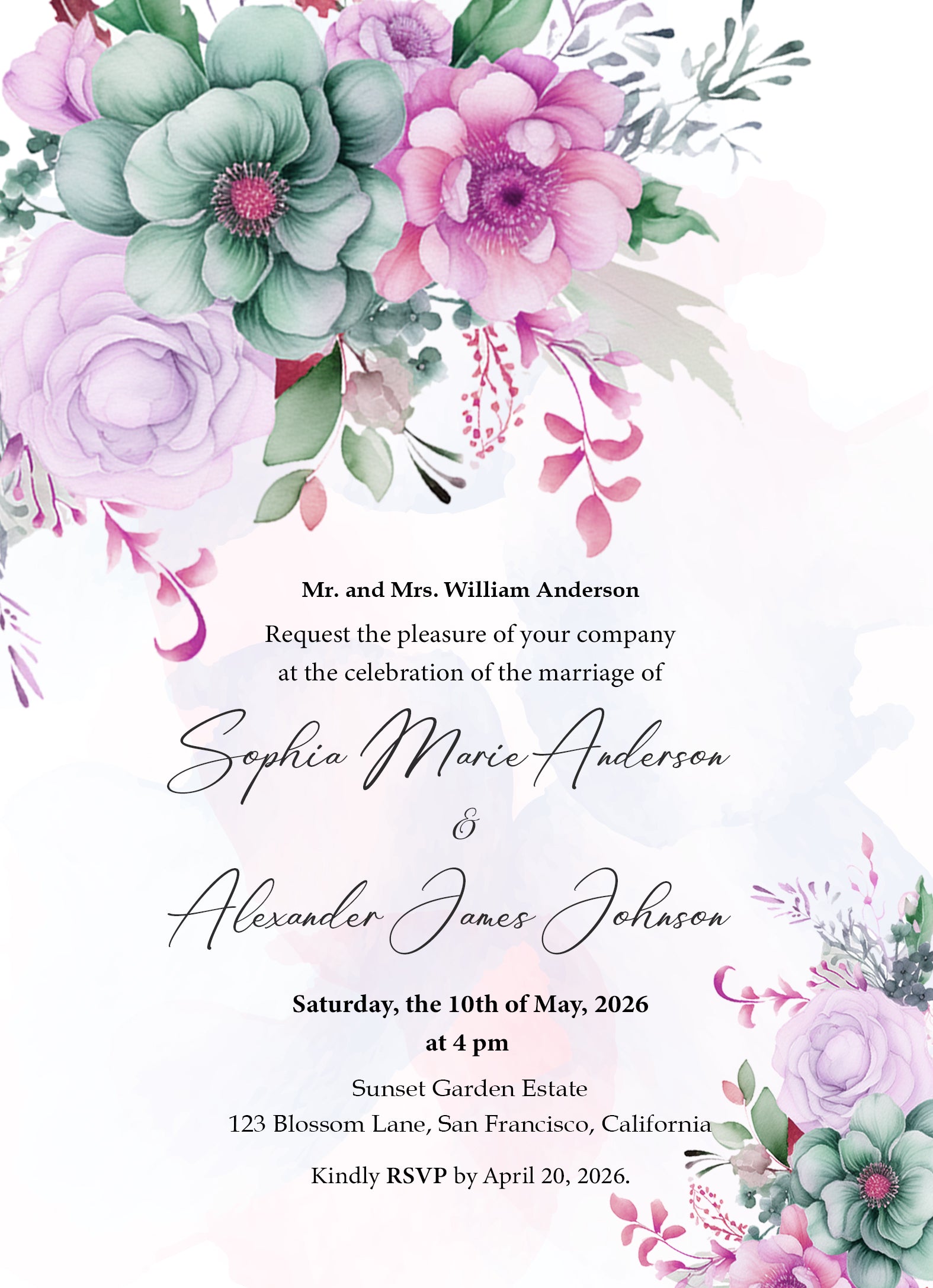 Pastel Watercolor Floral Wedding Invitation Template - Editable Digital Download