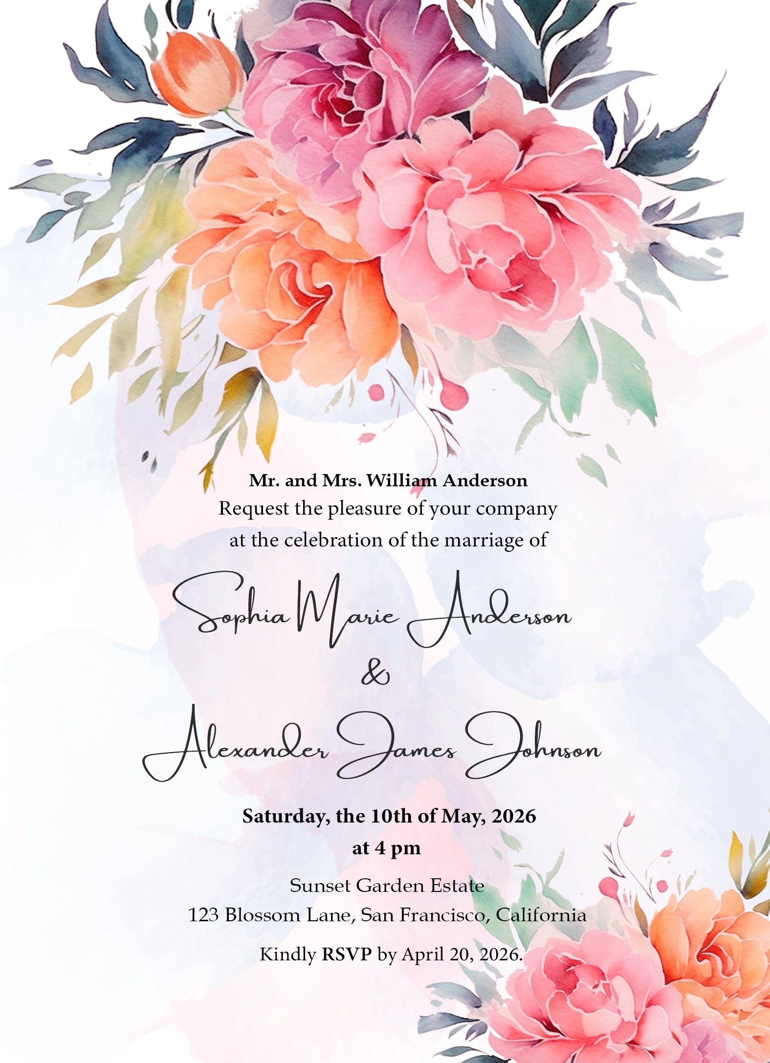 Bright Watercolor Floral Wedding Invitation Template - Editable Digital Download