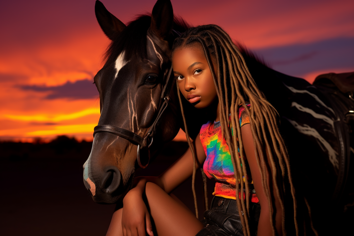 neon sunset dark skinned girl with horses