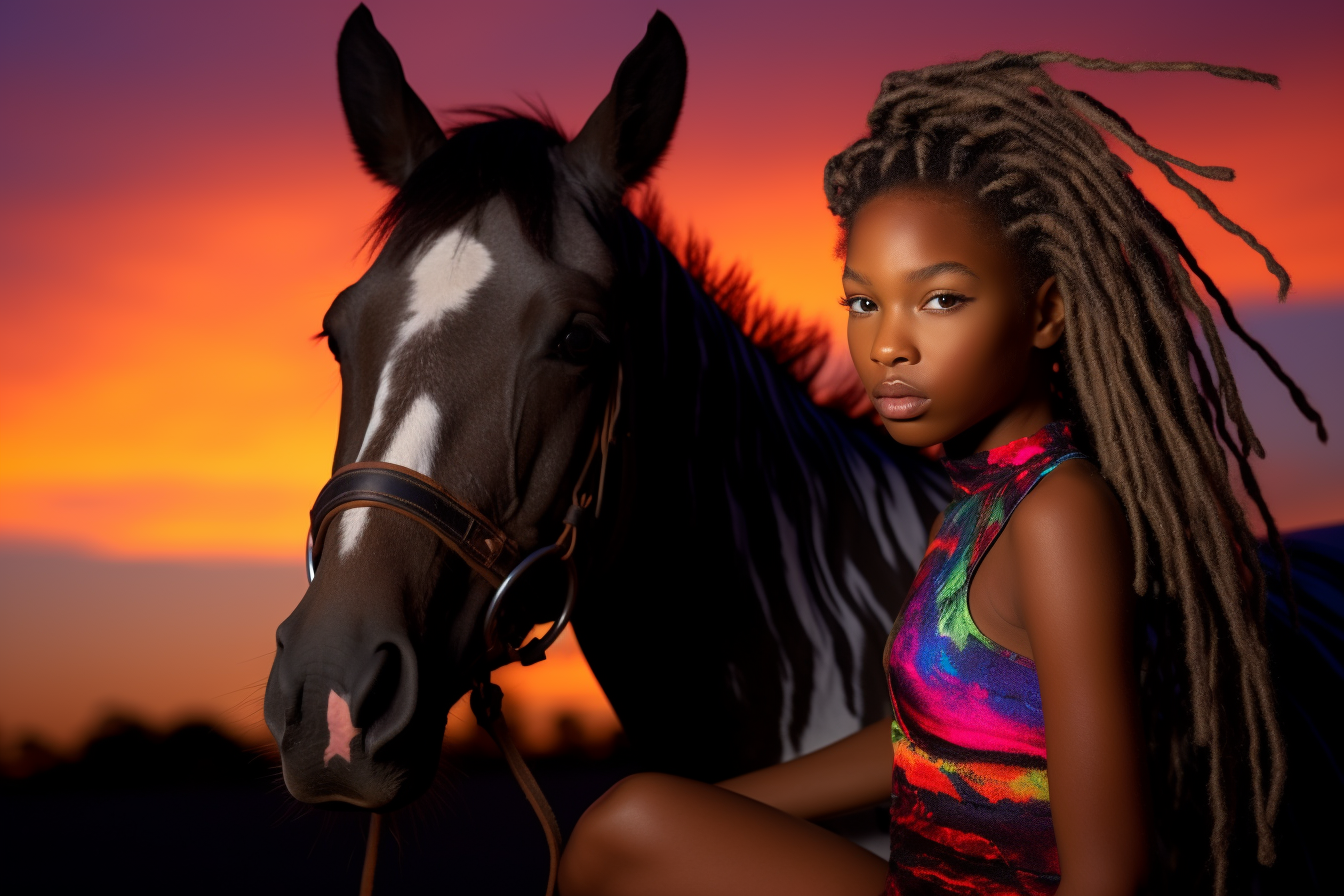 neon sunset dark skinned girl with horses