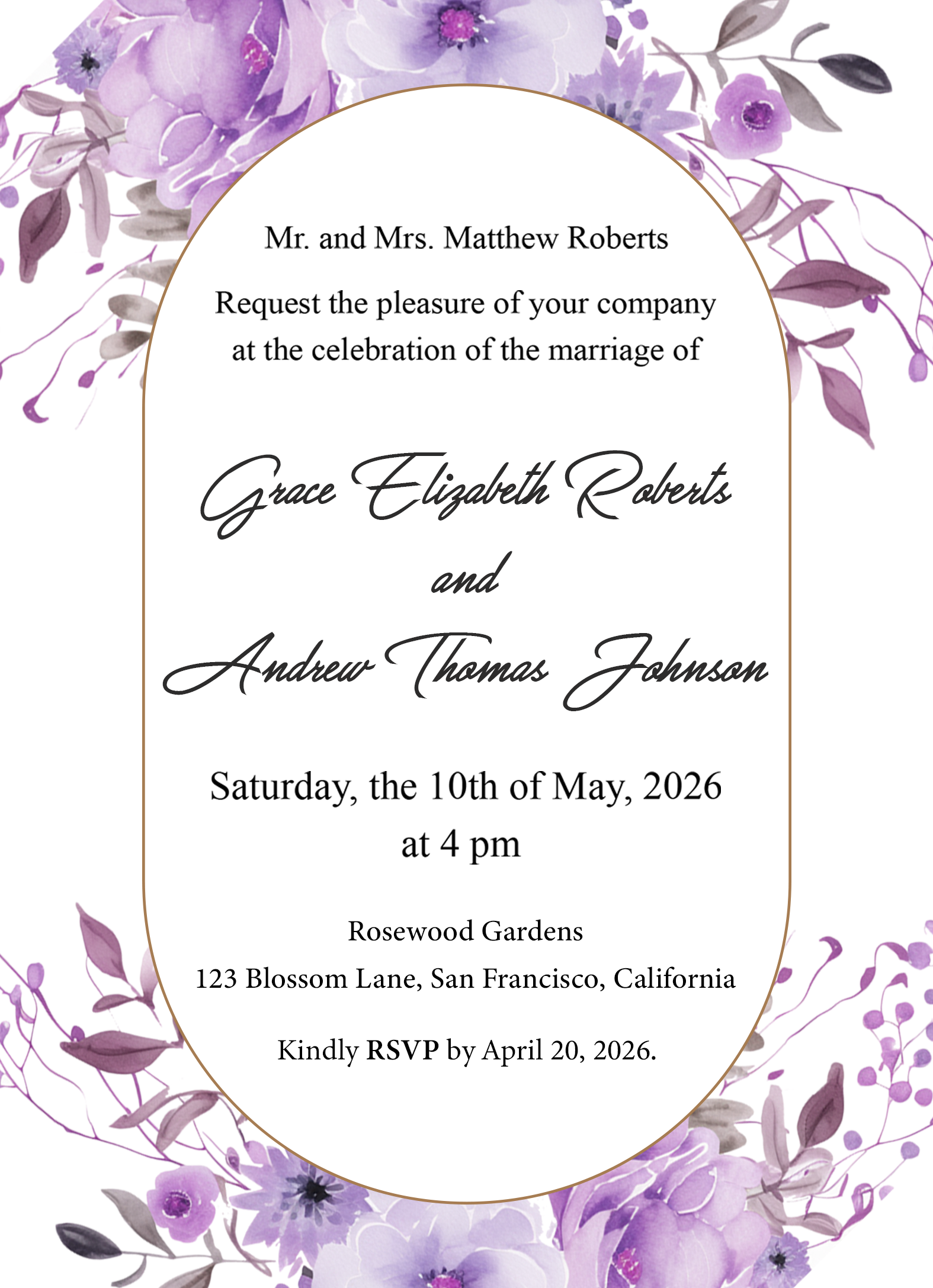 Elegant Purple Floral Wedding Invitation Template - Editable Digital Download