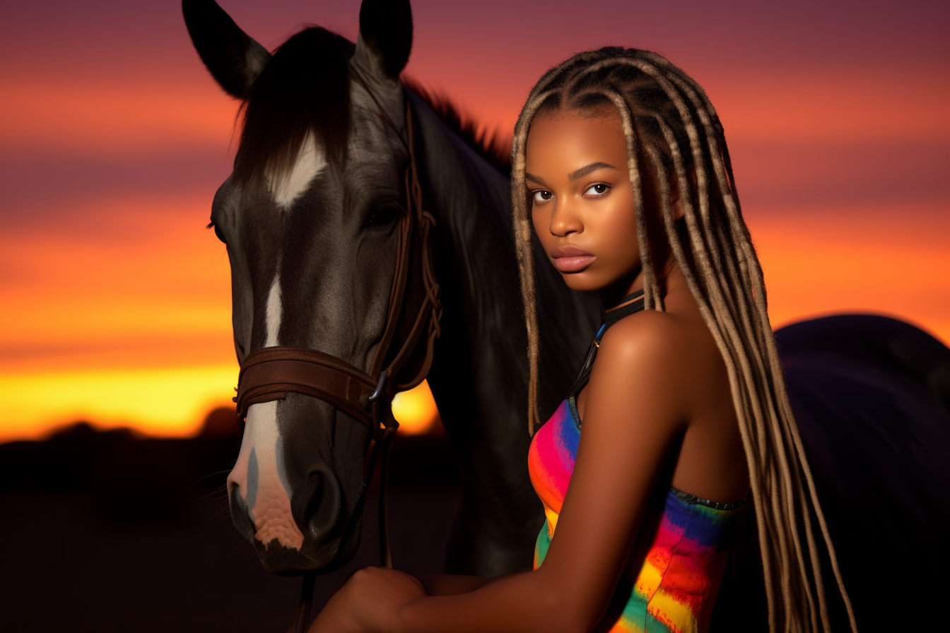 neon sunset dark skinned girl with horses