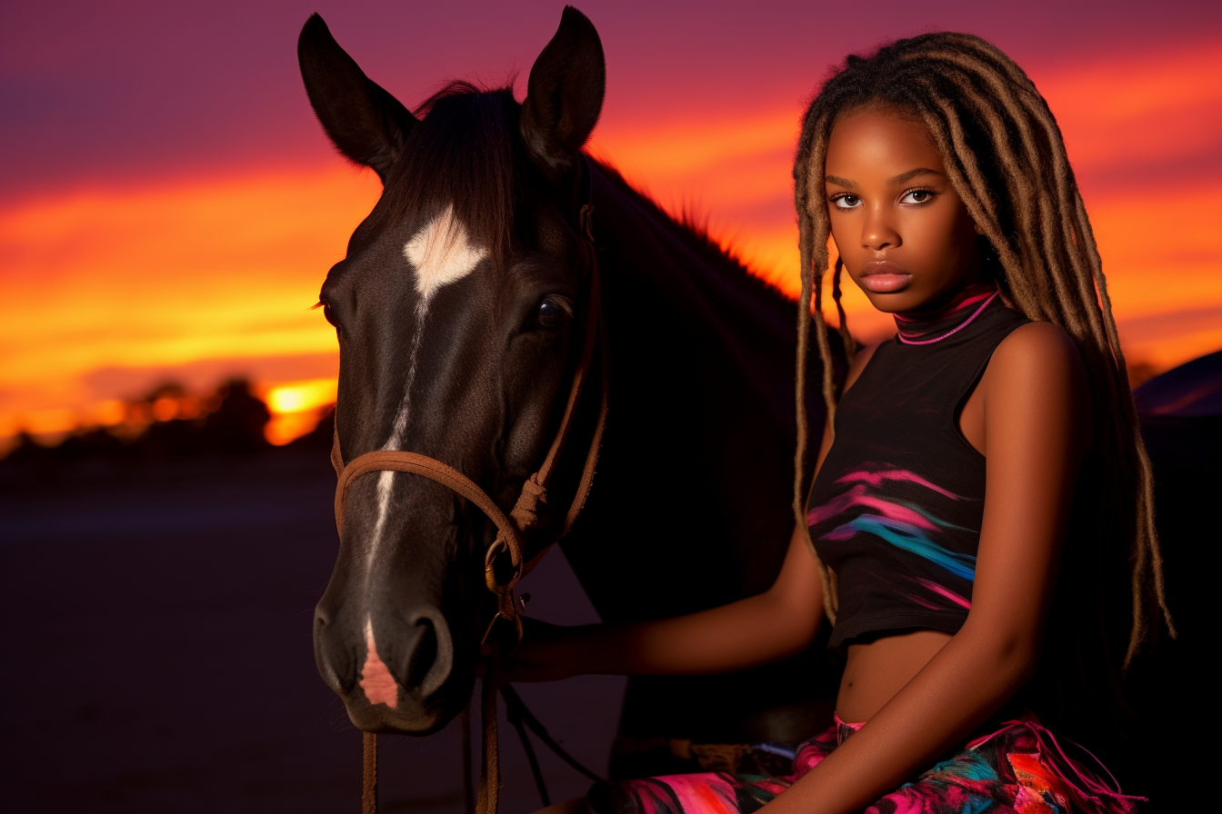neon sunset dark skinned girl with horses