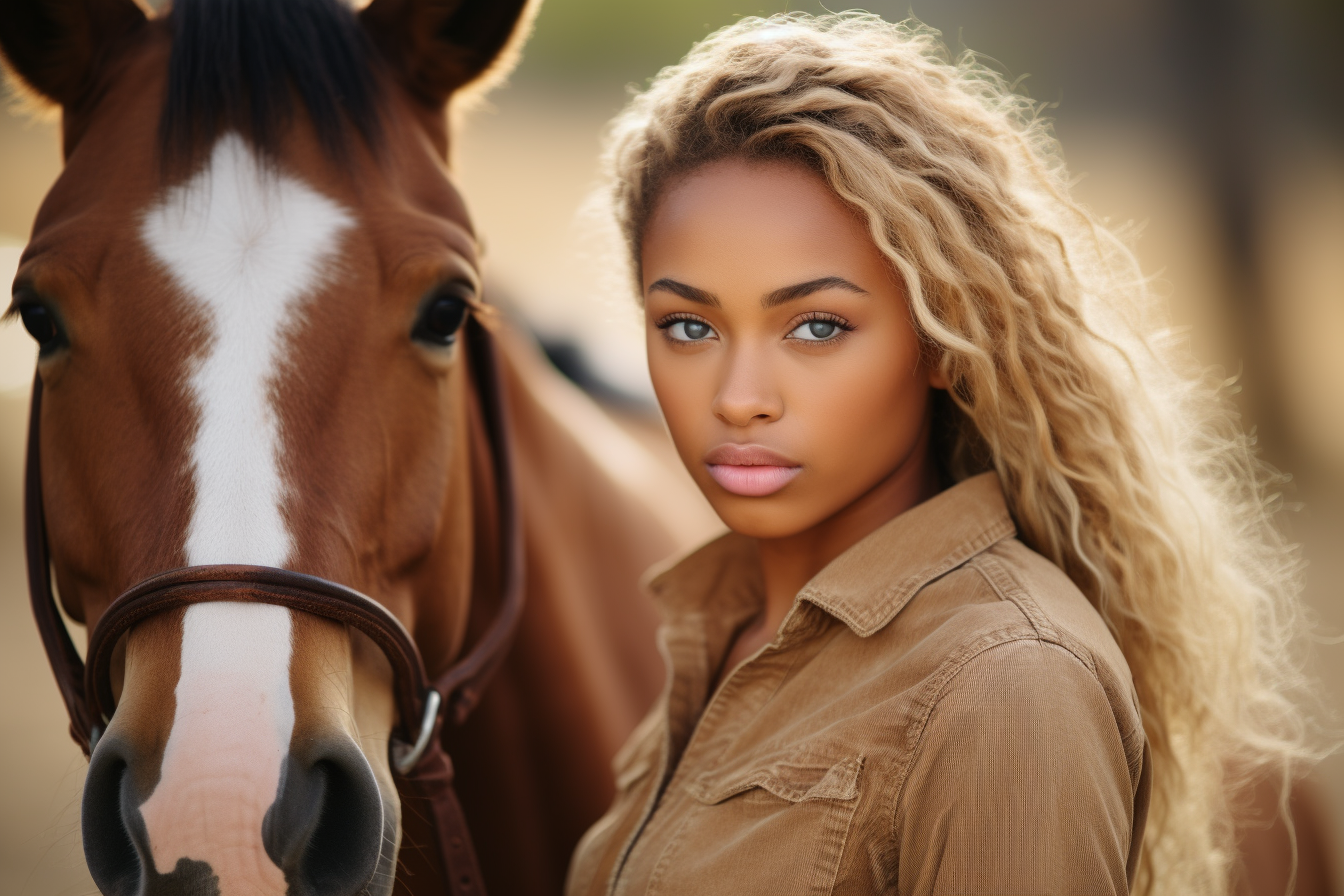 black african american equestrian loving on her horse