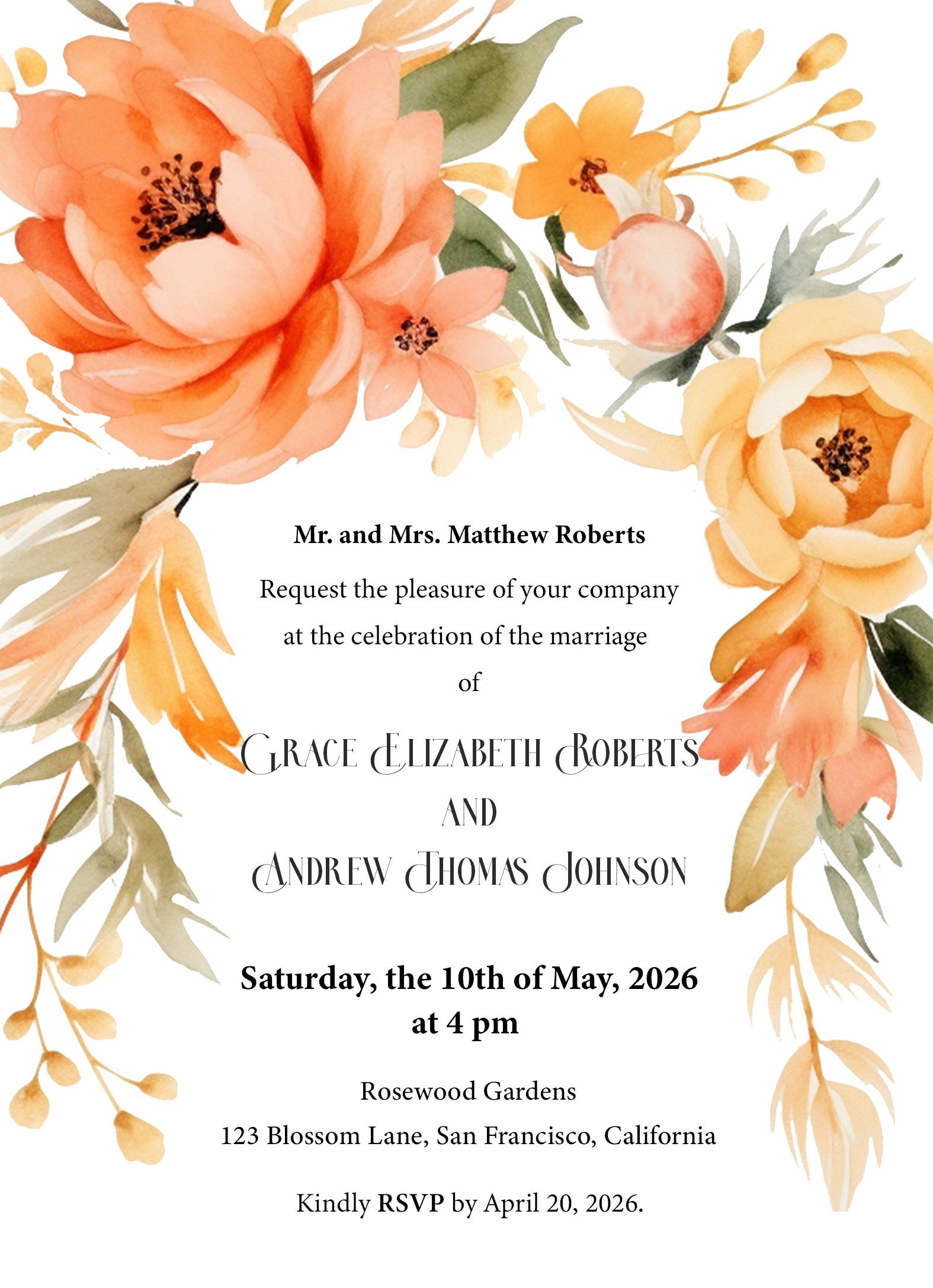 Boho Orange Floral Wedding Invitation Template - Editable Digital Download