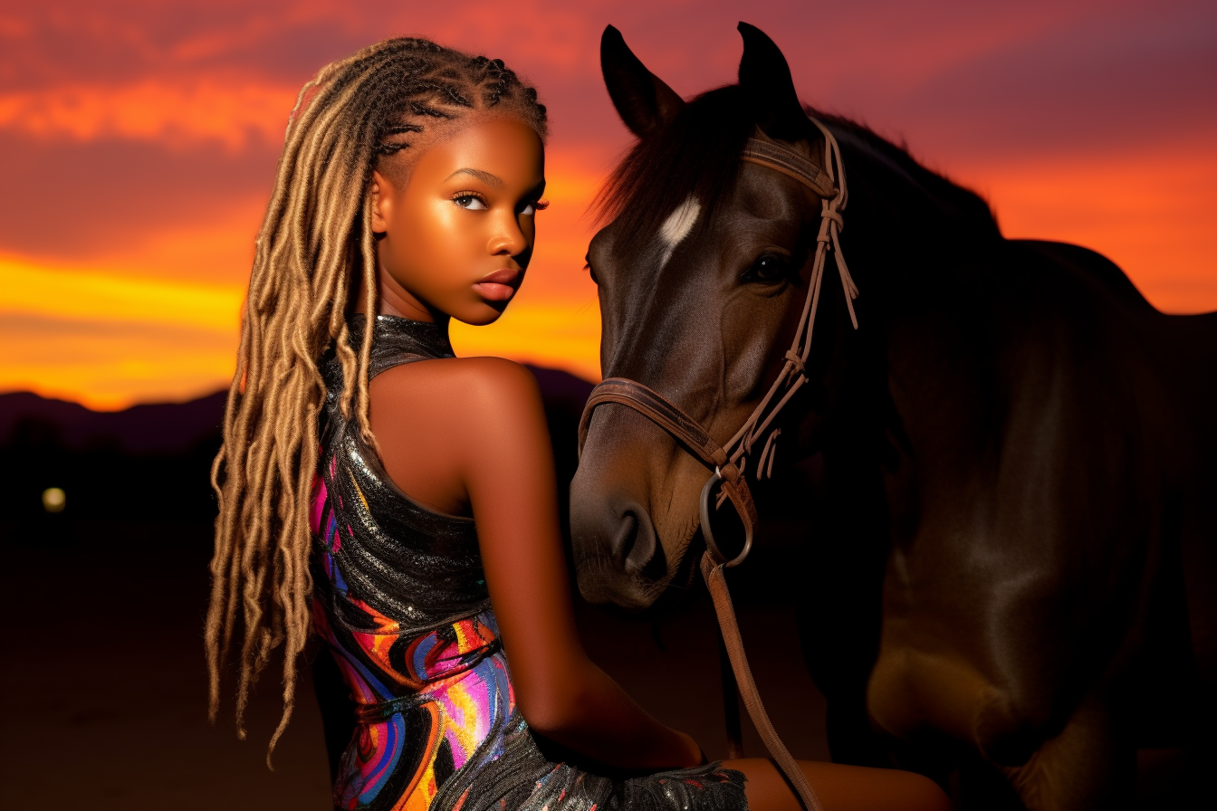 neon sunset dark skinned girl with horses