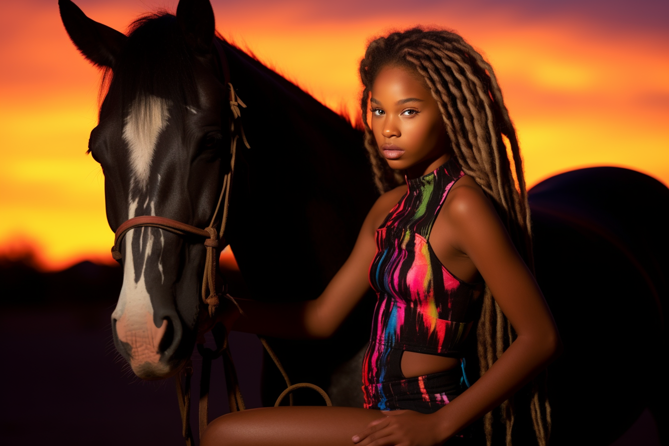neon sunset dark skinned girl with horses