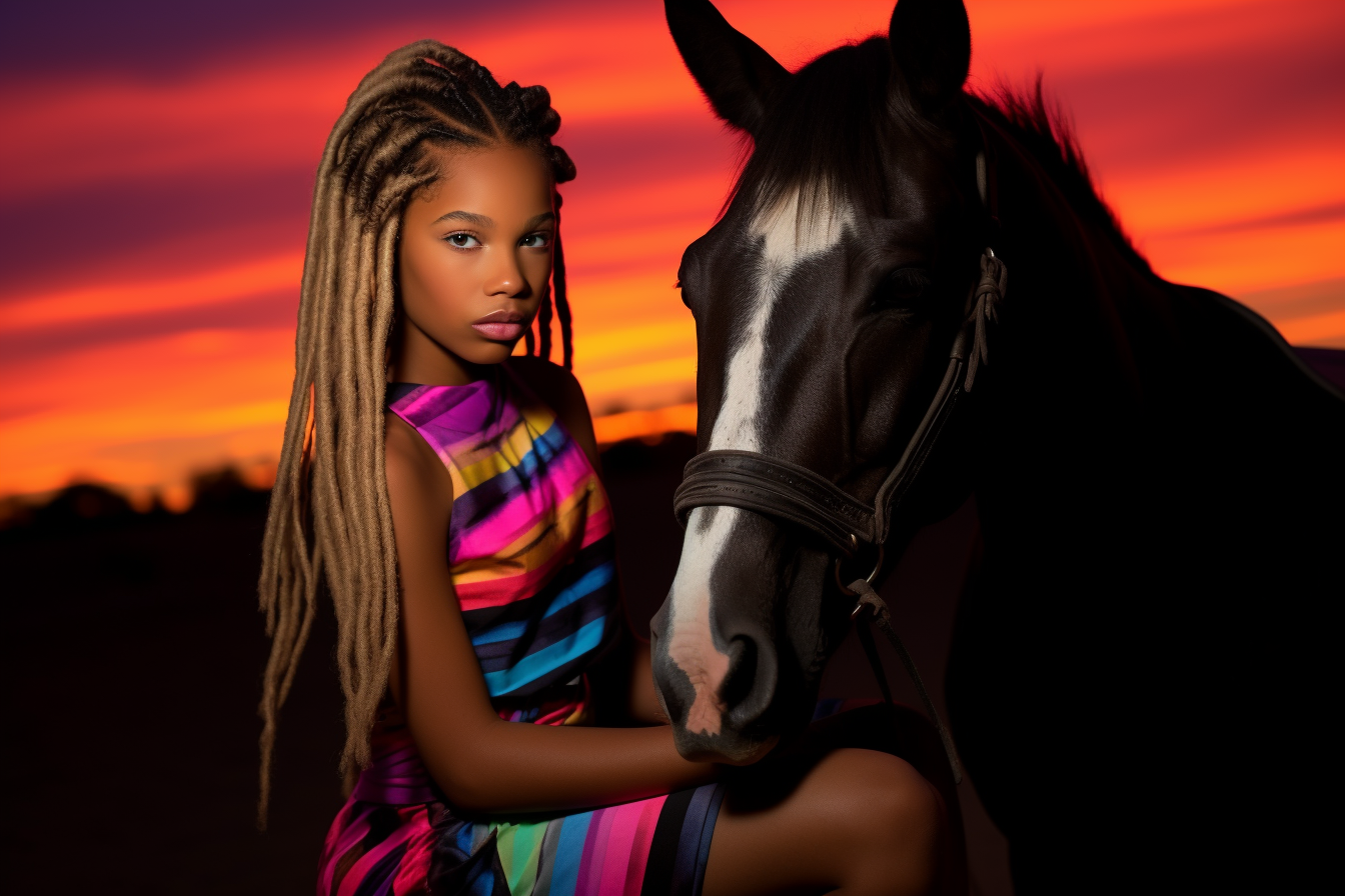 neon sunset dark skinned girl with horses