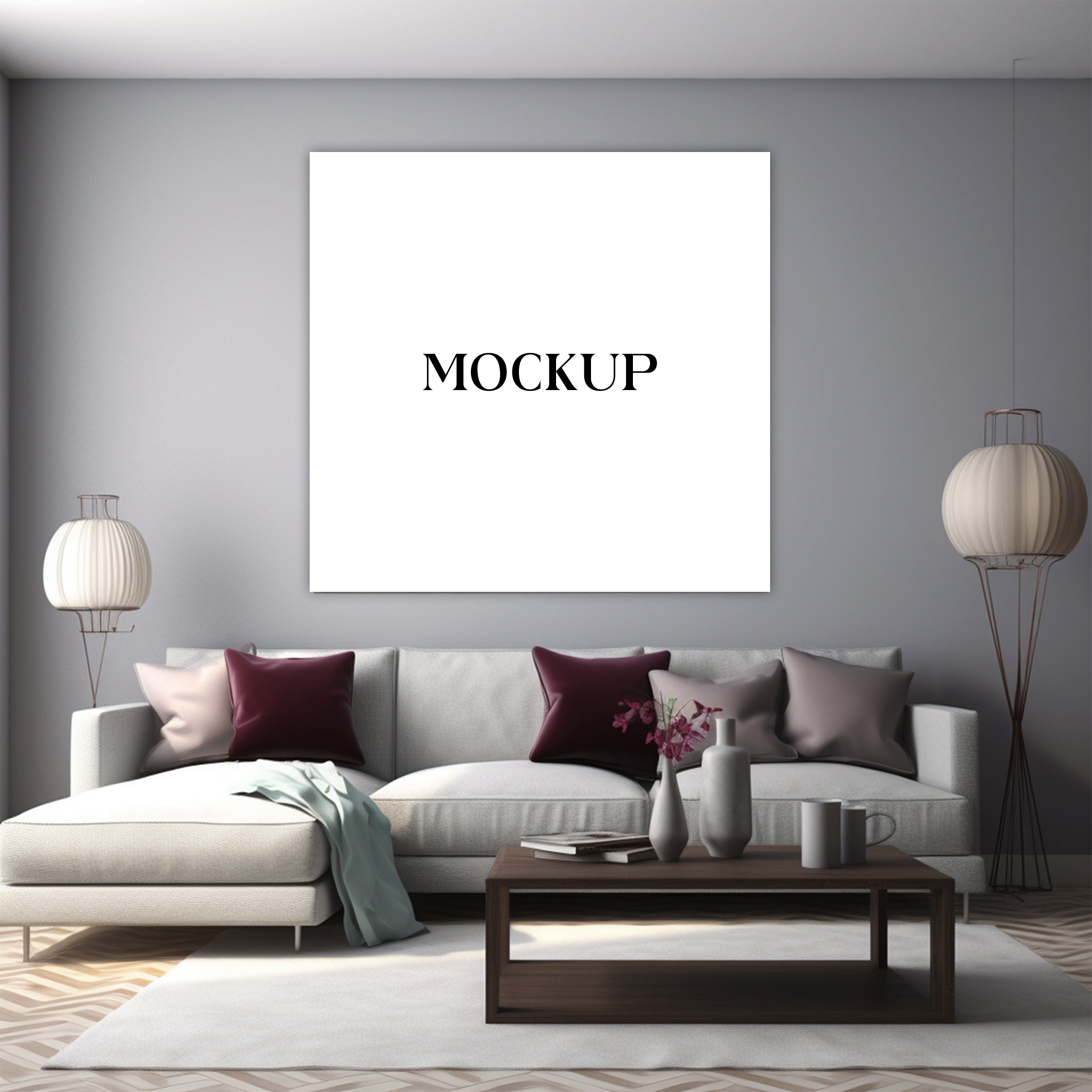 Modern Minimalist Living Room Art Mockup with Large Canvas Set of 50