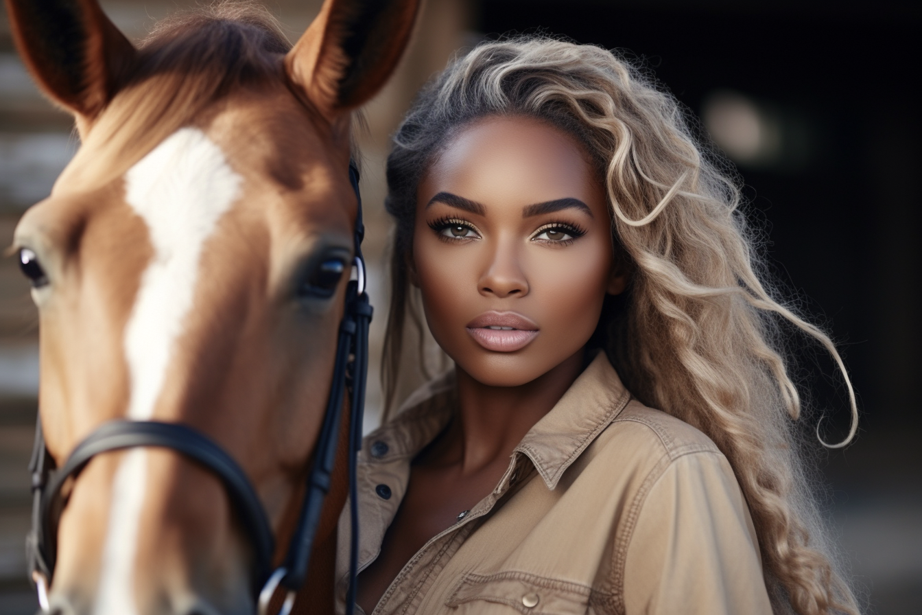 black african american equestrian loving on her horse