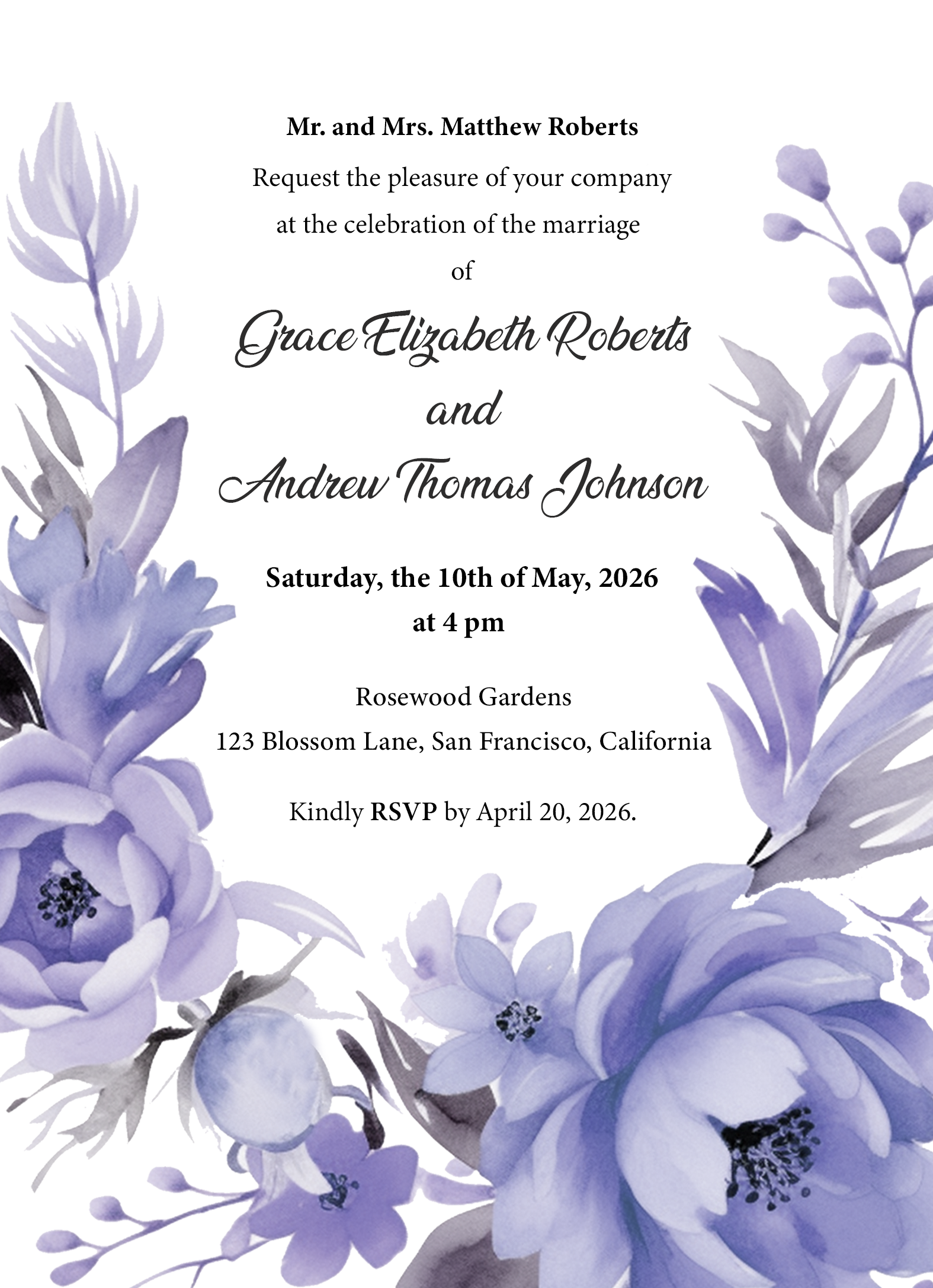 Modern Blue Floral Wedding Invitation Template - Editable Digital Download