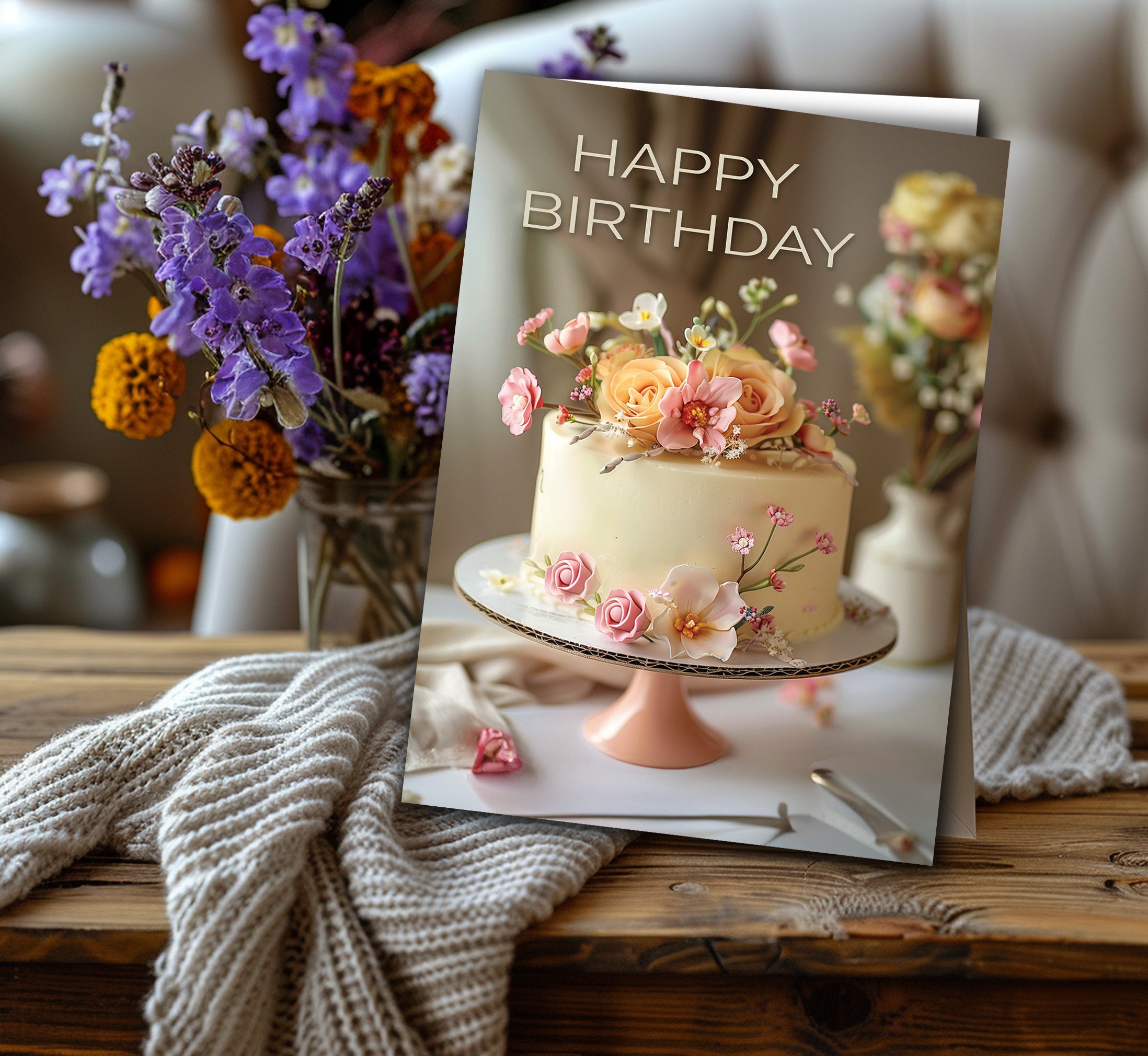 Happy Birthday – Cake & Flowers Greeting Card