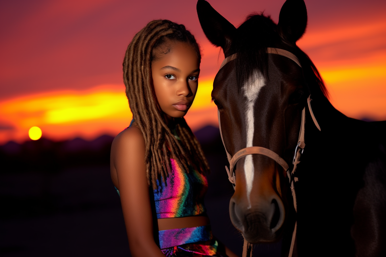 neon sunset dark skinned girl with horses