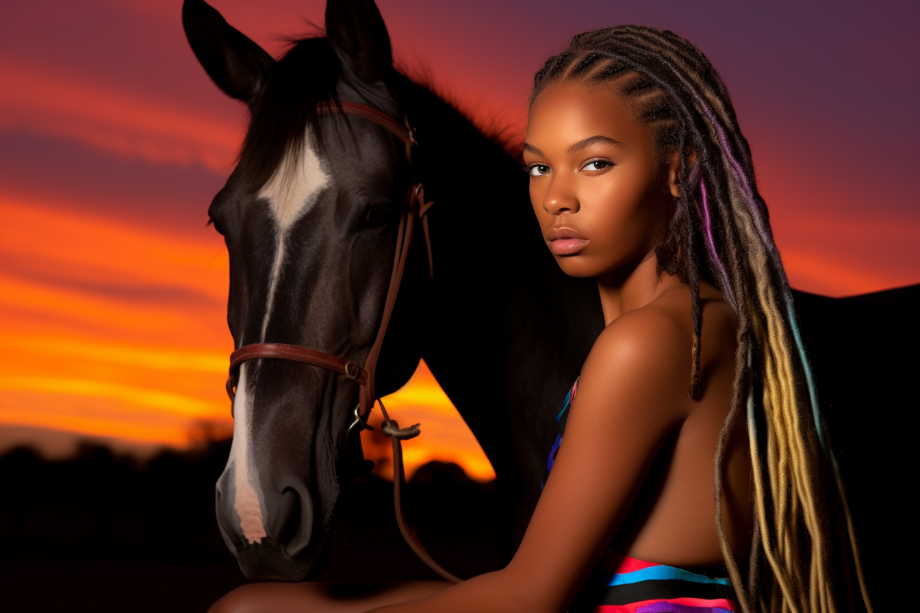 neon sunset dark skinned girl with horses