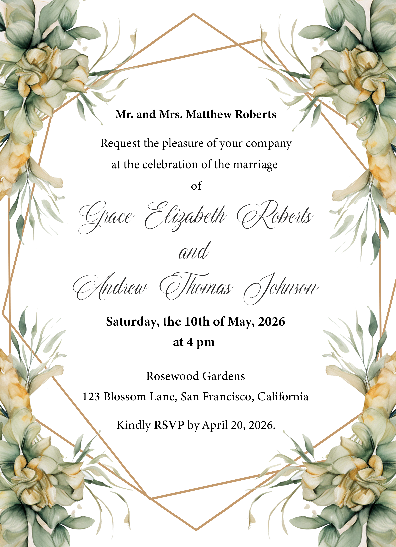 Gold & Green Floral Wedding Invitation Template - Editable Digital Download