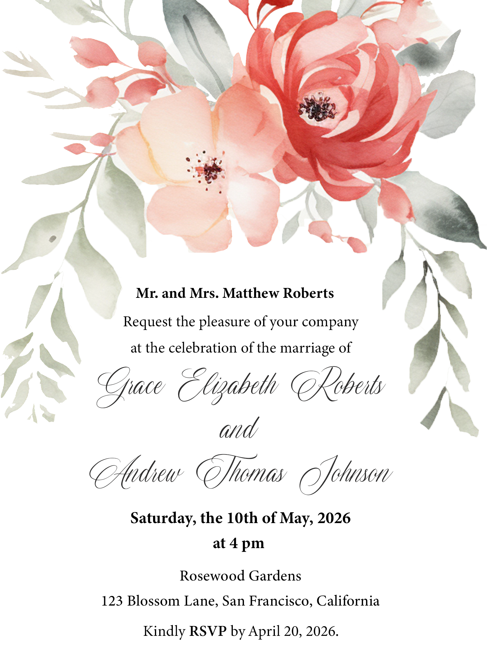 Romantic Blush Floral Wedding Invitation Template - Editable Digital Download