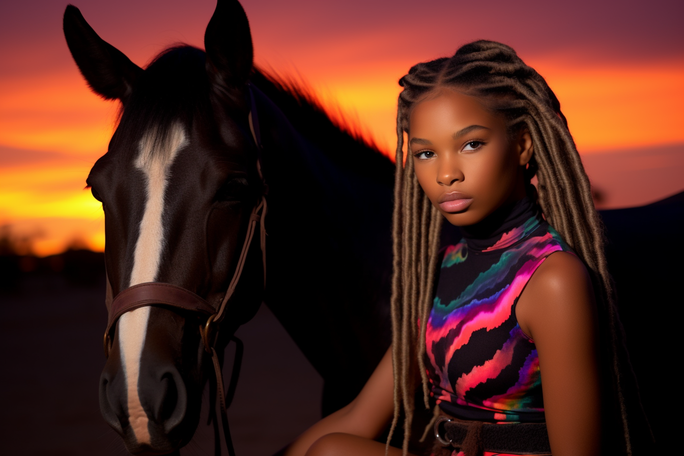 neon sunset dark skinned girl with horses