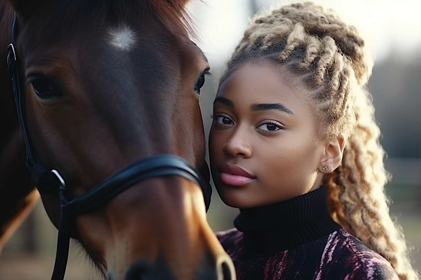 black african american equestrian loving on her horse