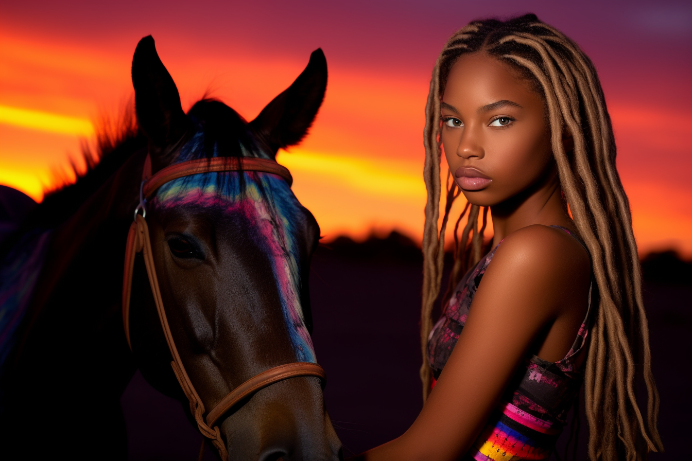 neon sunset dark skinned girl with horses