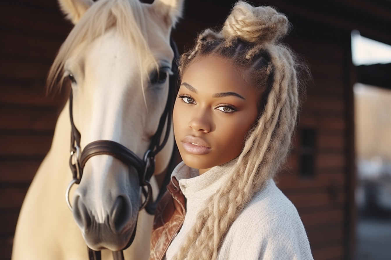 black african american equestrian loving on her horse