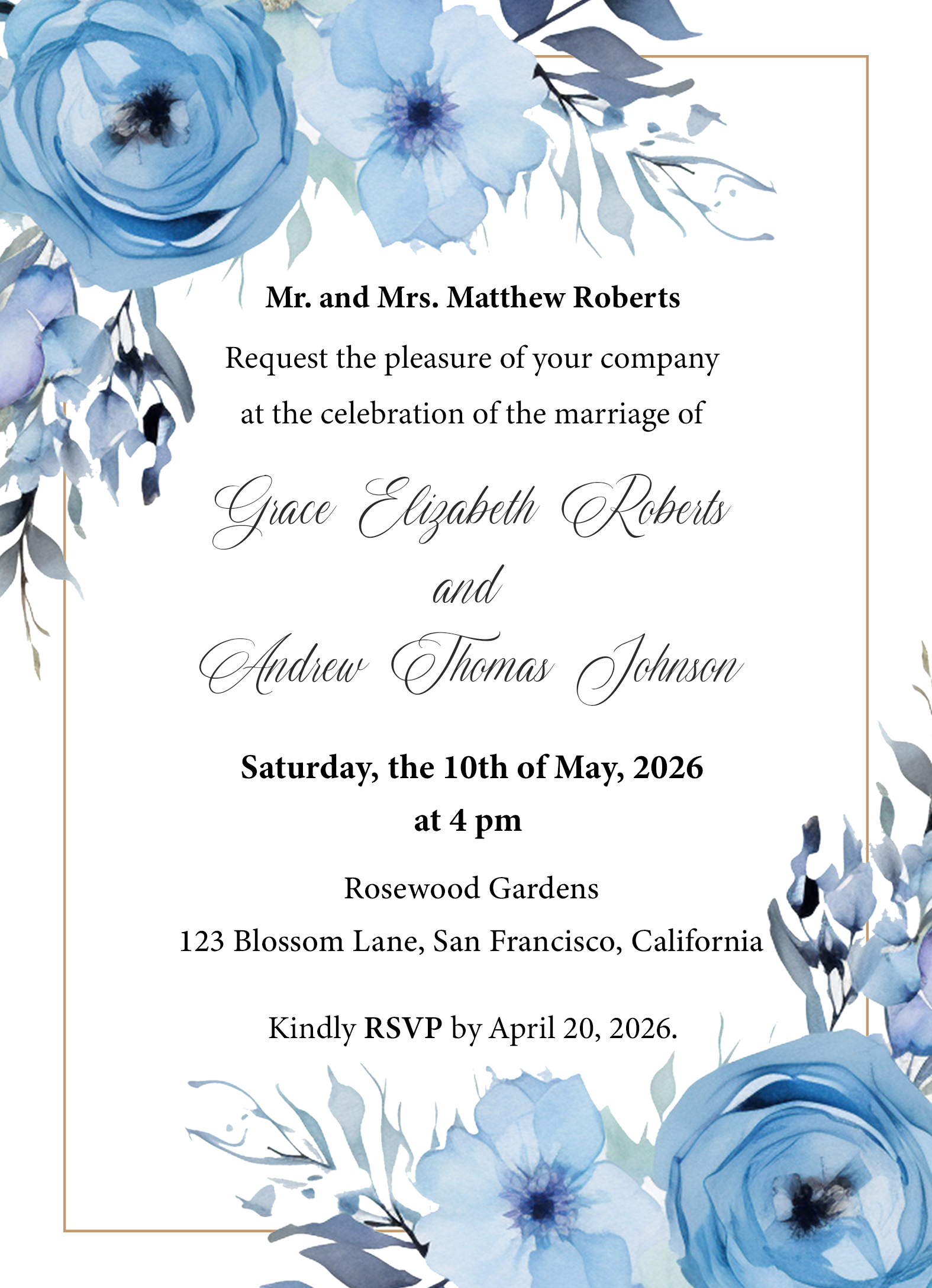 Classic Blue Floral Wedding Invitation Template - Editable Digital Download