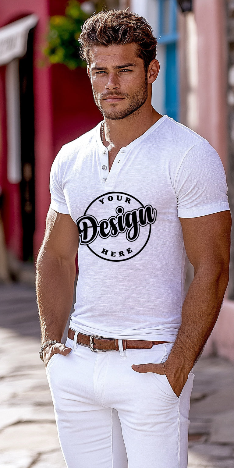 Modern Henley T-Shirt Art Print with Customizable Design Zone