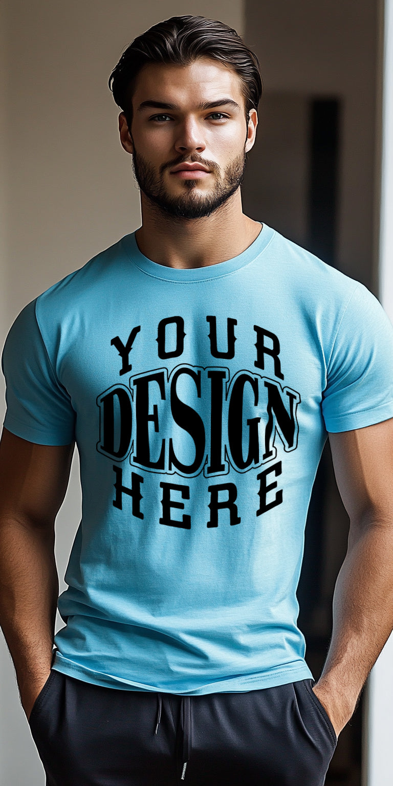 Modern Blue T-Shirt Art Print with Customizable Design Area