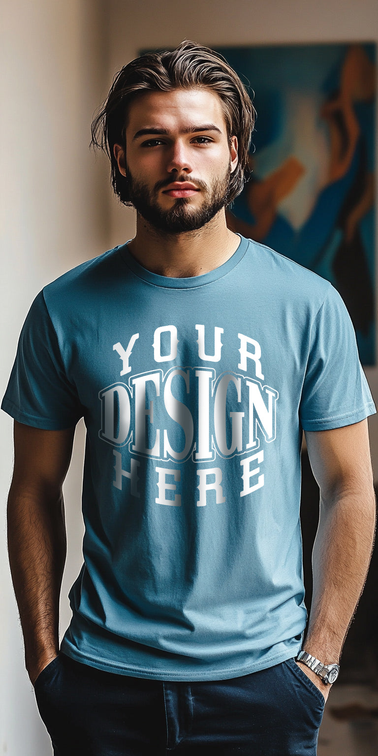 Stylish Blue T-Shirt Mockup with Customizable Design Area