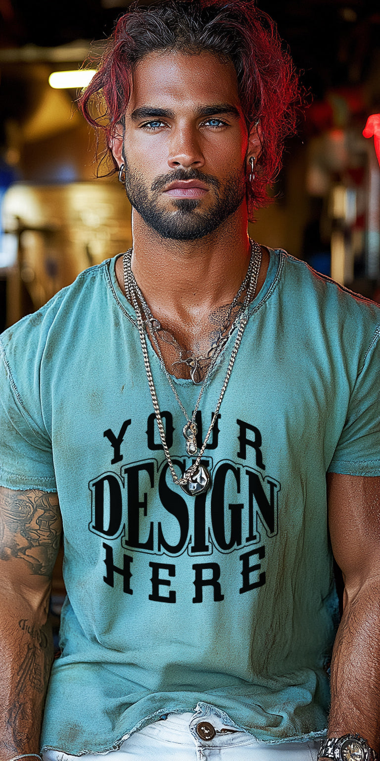 Rugged Teal T-Shirt Mockup with Distressed Style and Customizable Design Overlay