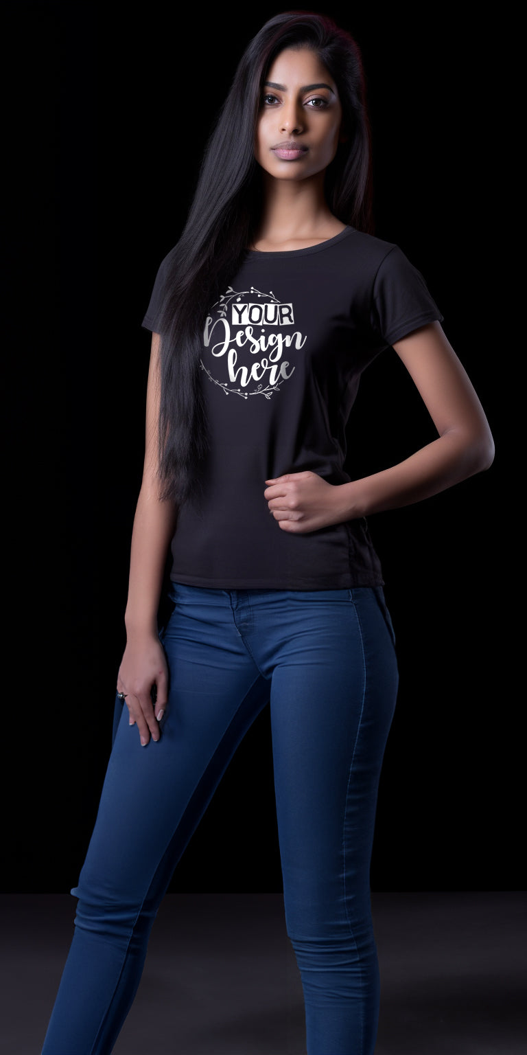 Elegant Black T-Shirt Mockup with Customizable Design for Women