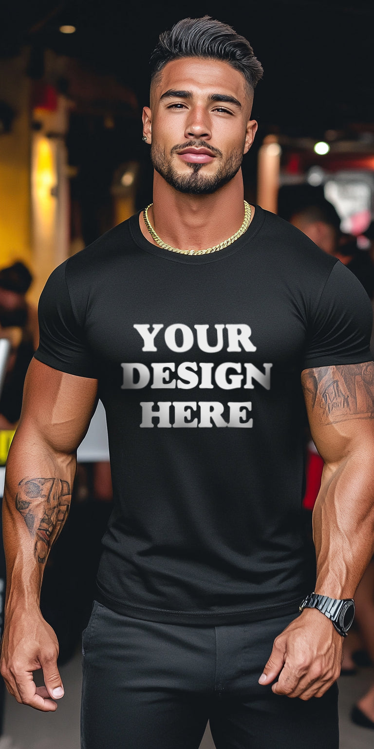 Modern Black T-Shirt Mockup with Customizable Design Area