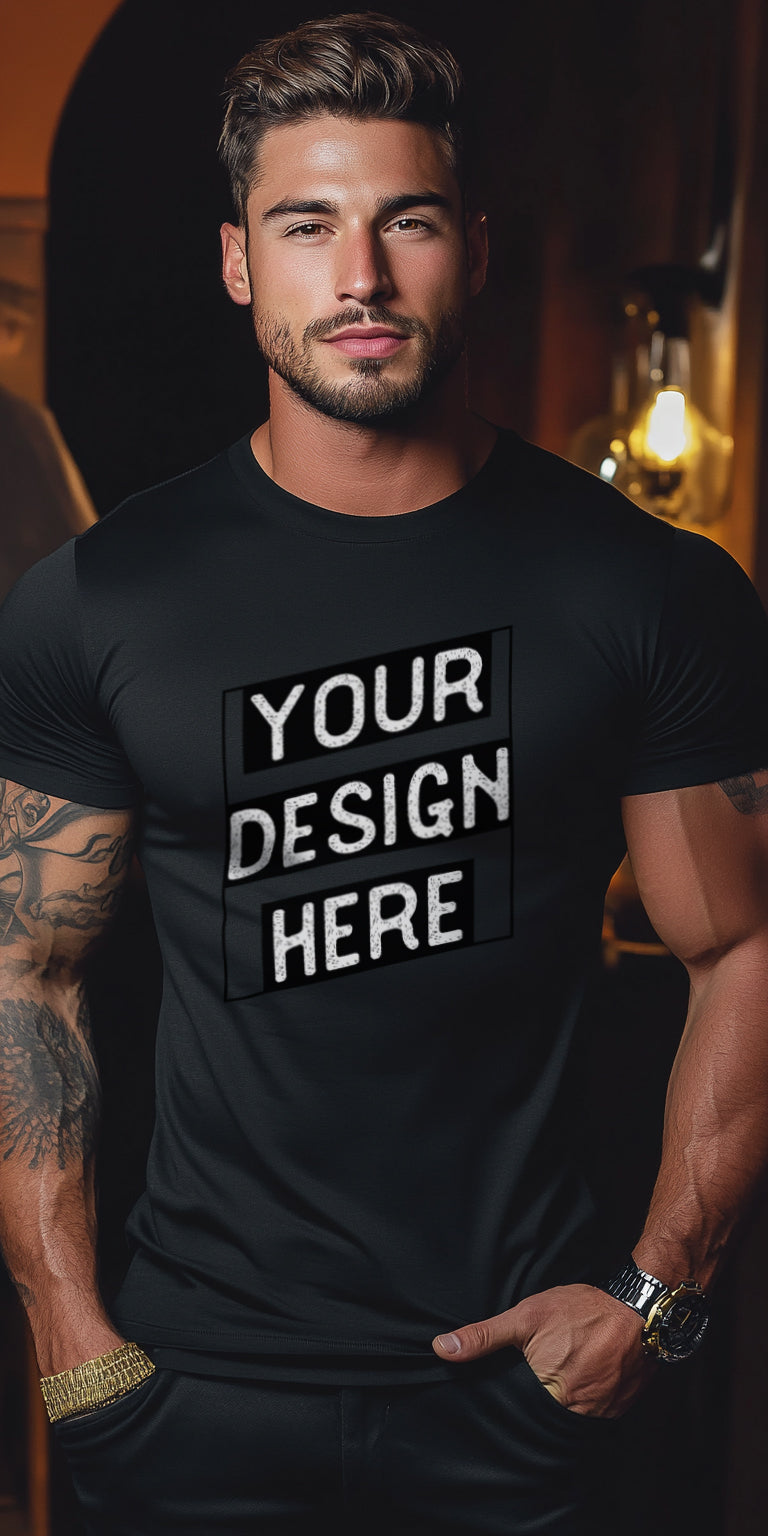 Modern Black T-Shirt Mockup with Customizable Design Area