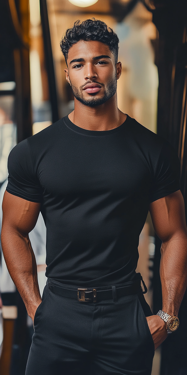 Stylish Urban Portrait of a Confident Young Man in a Minimalist Black T-Shirt